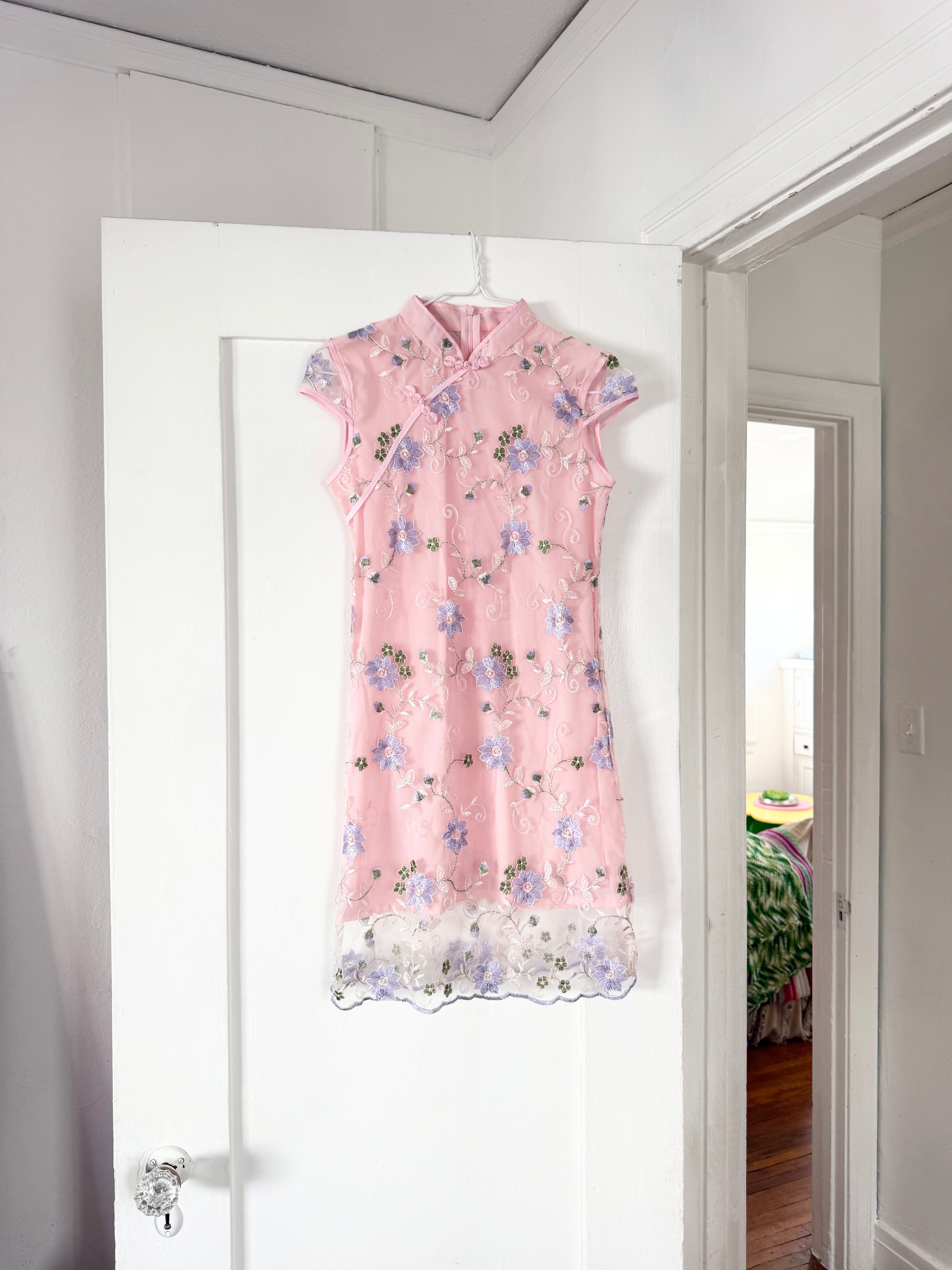 y2k pink embroidered qipao mesh dress ✧