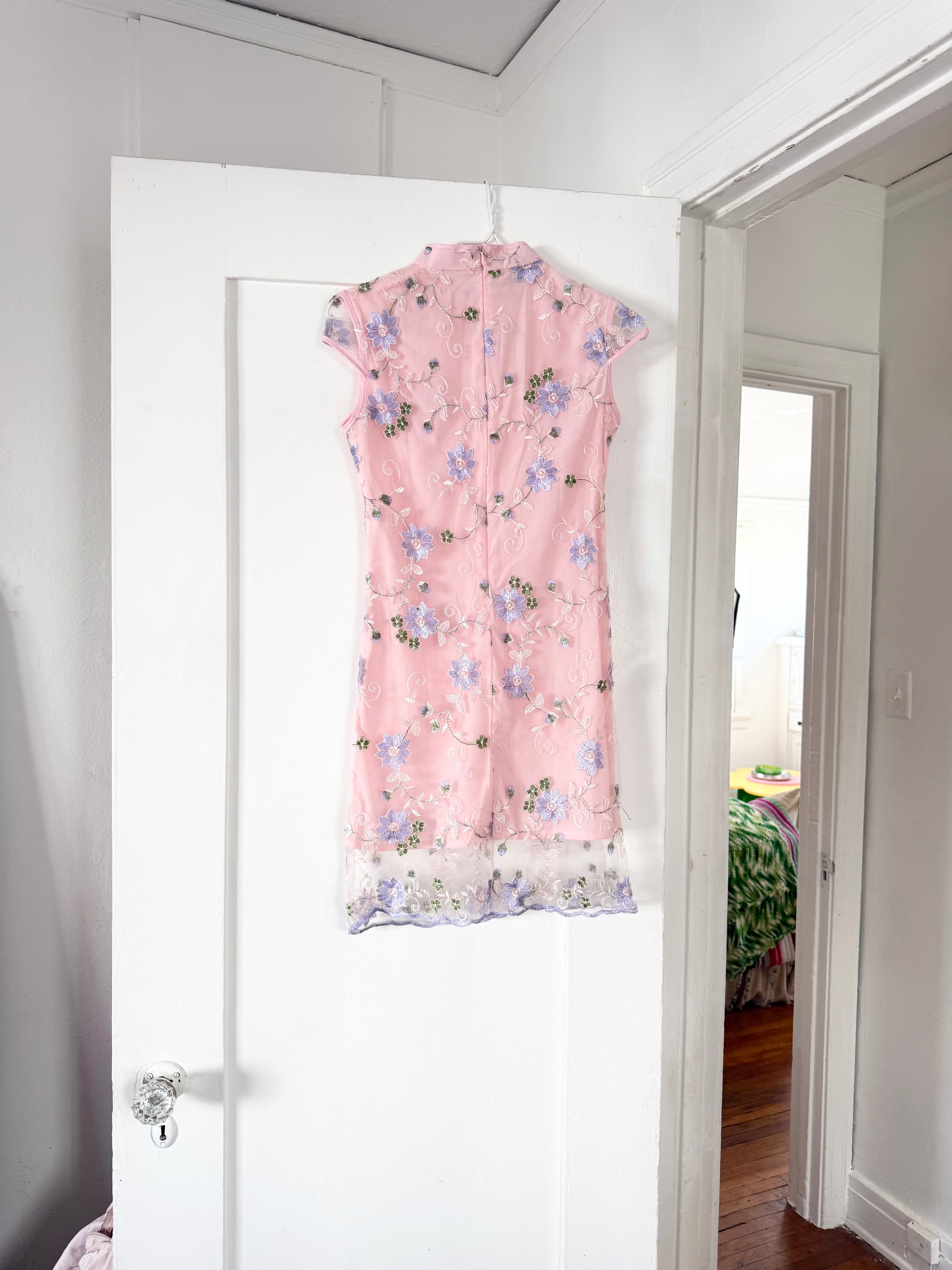 y2k pink embroidered qipao mesh dress ✧