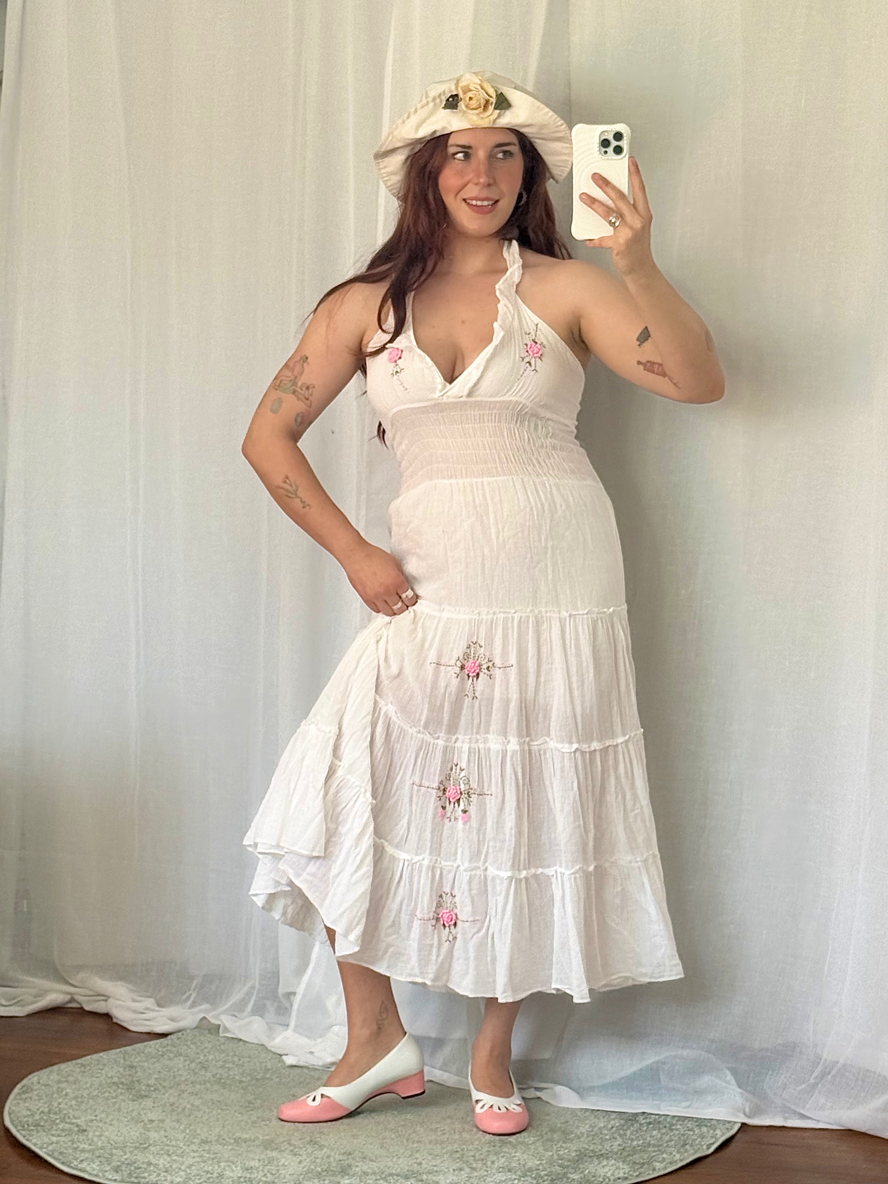 ✿ romantic cottagecore embroidered halter dress ✿