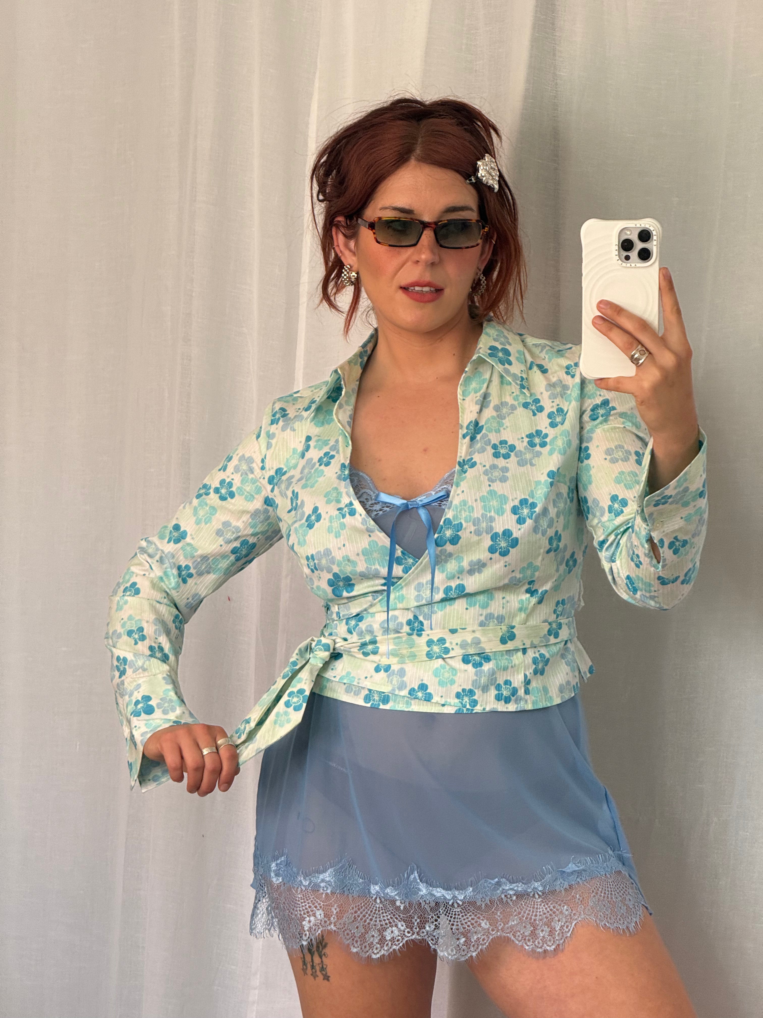 ✿ y2k blue floral wrap top ✿