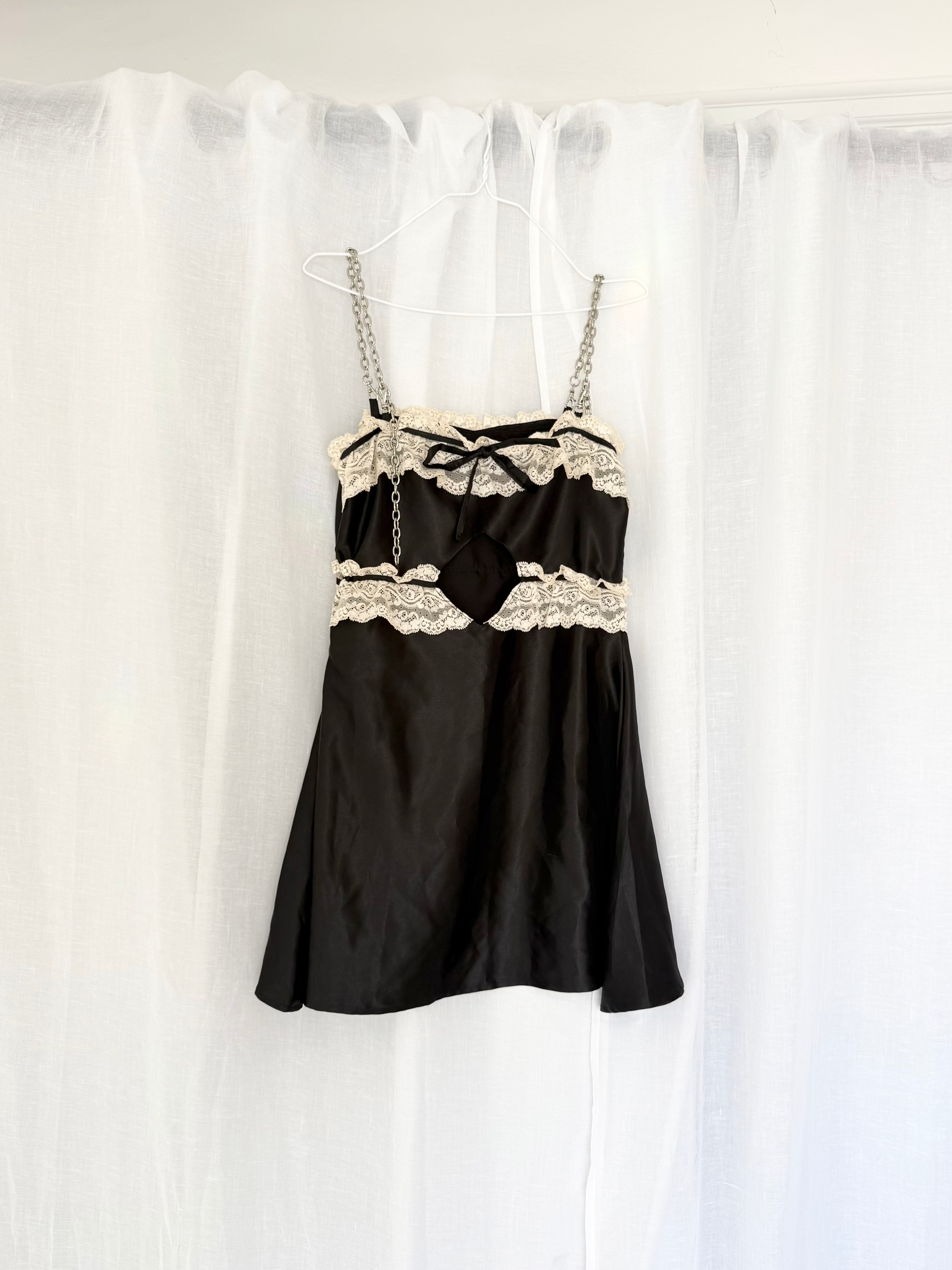 black lace satin cutout mini dress ✧