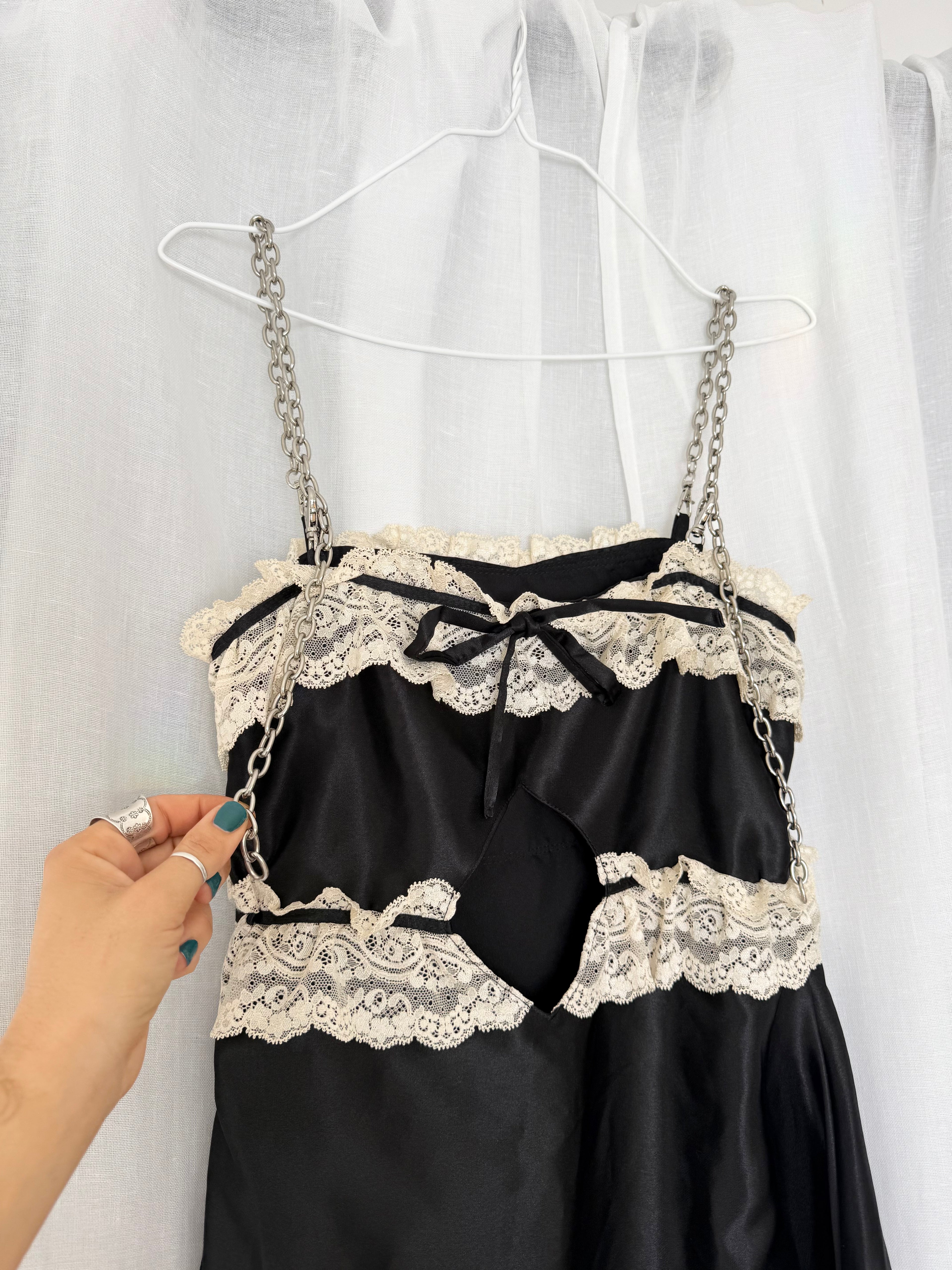black lace satin cutout mini dress ✧