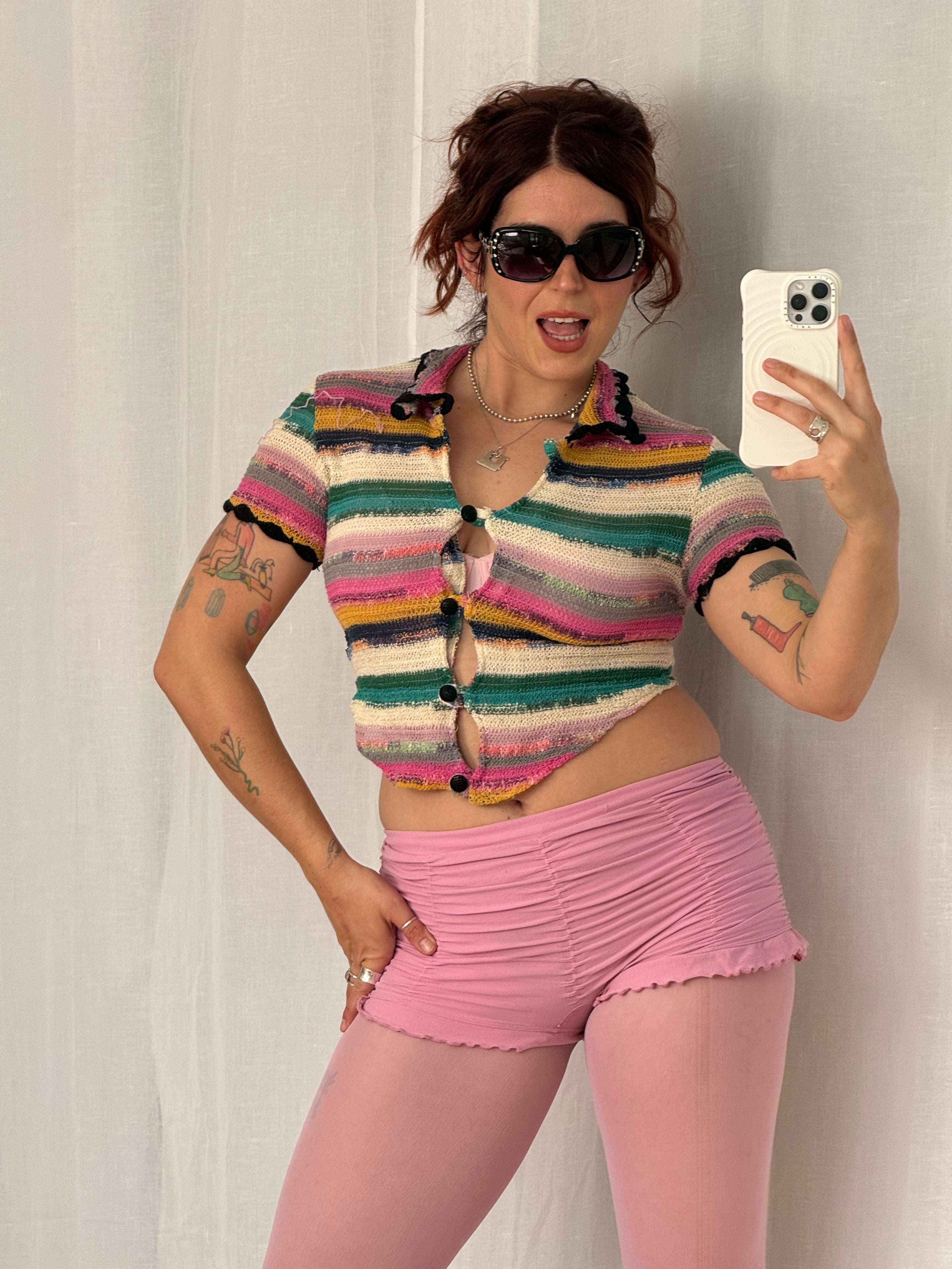 striped knit button-up crop top