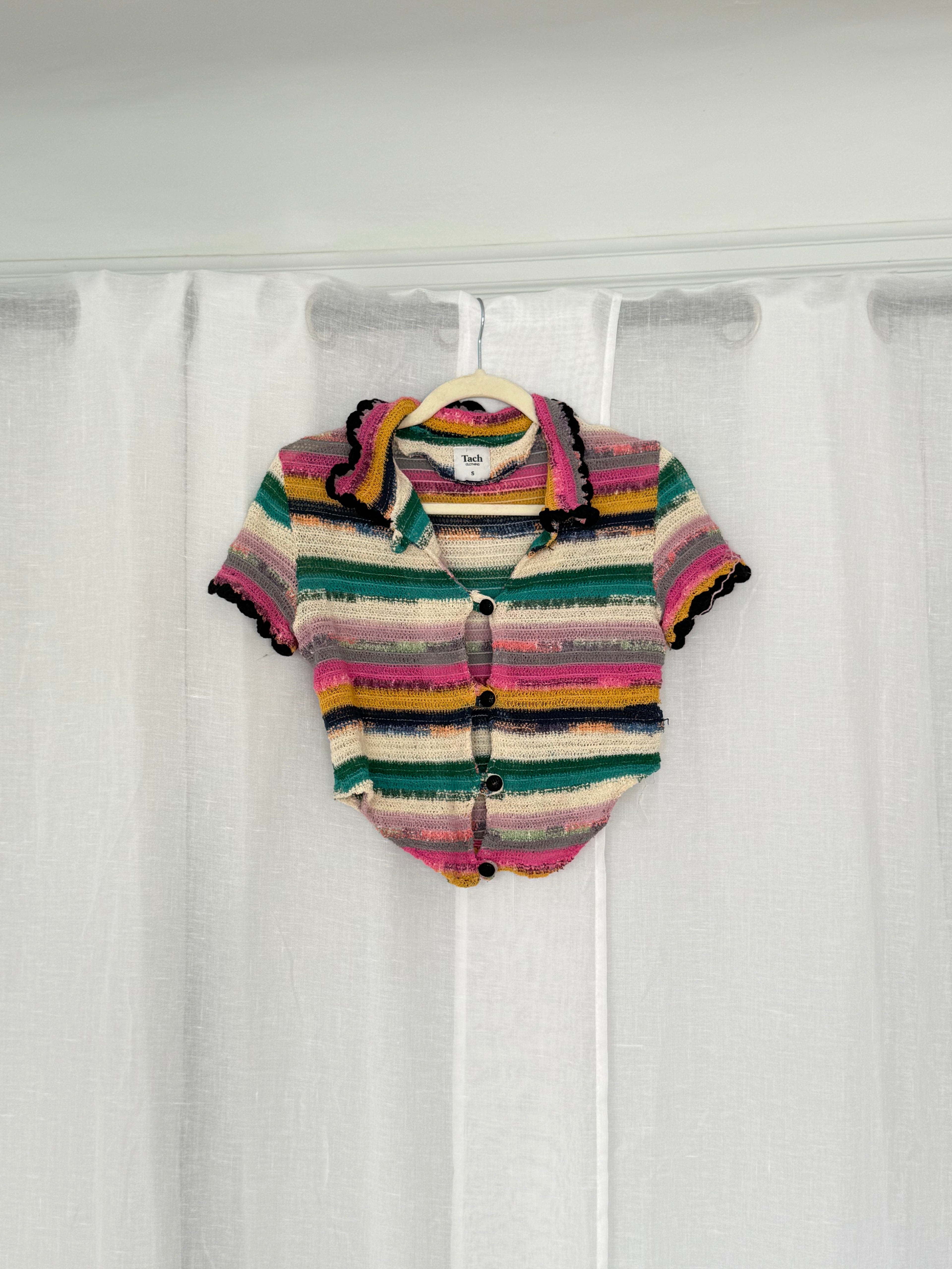 striped knit button-up crop top