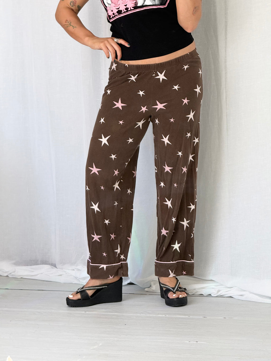 brown pink star print wide leg lounge pants ✧