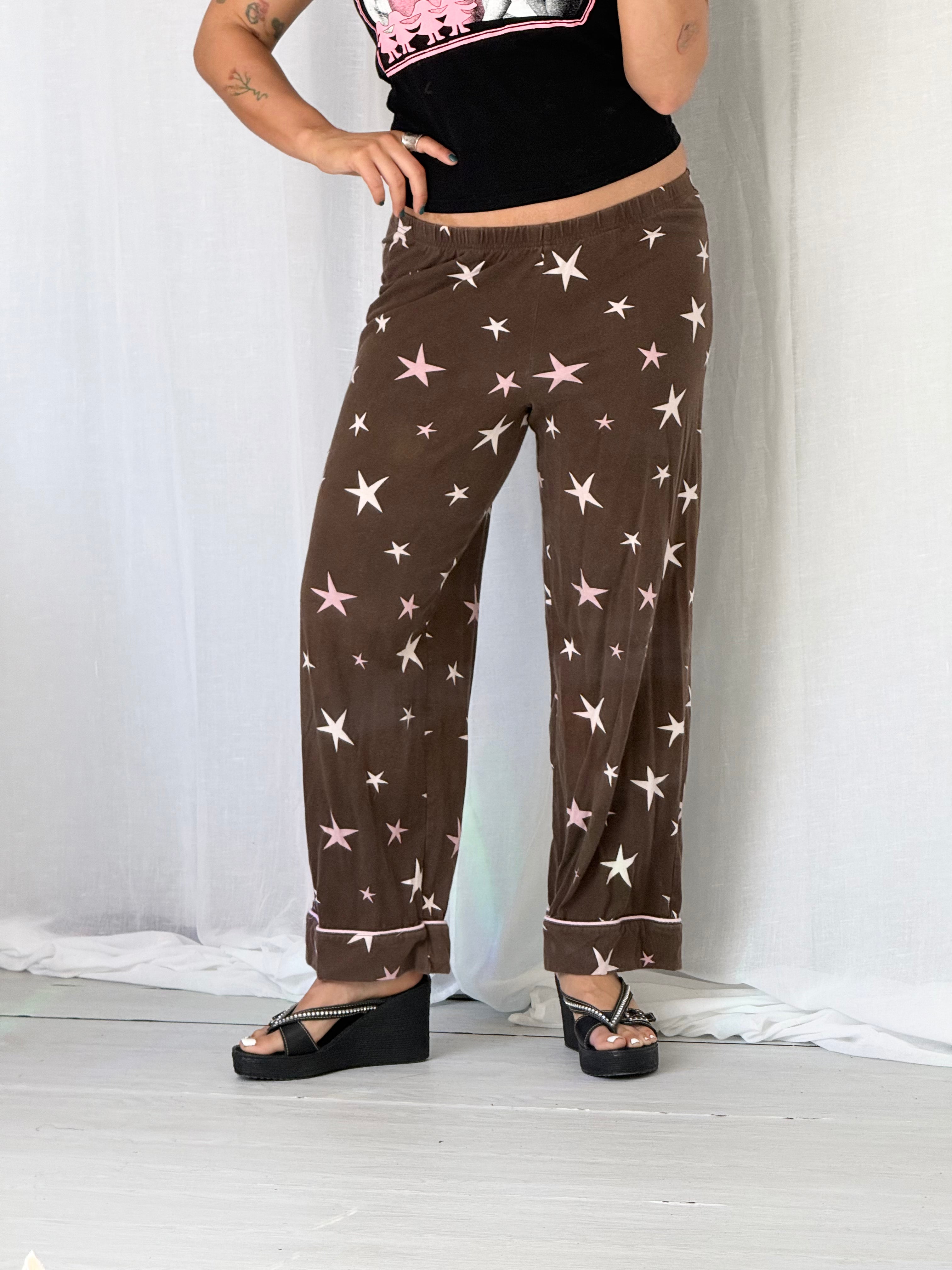 brown pink star print wide leg lounge pants ✧
