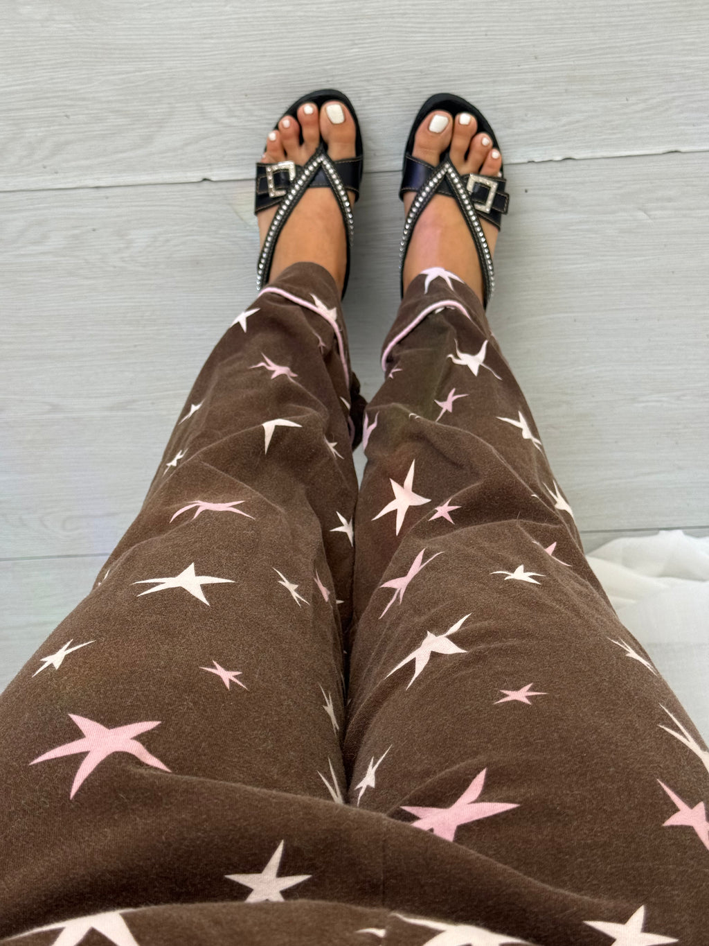 brown pink star print wide leg lounge pants ✧