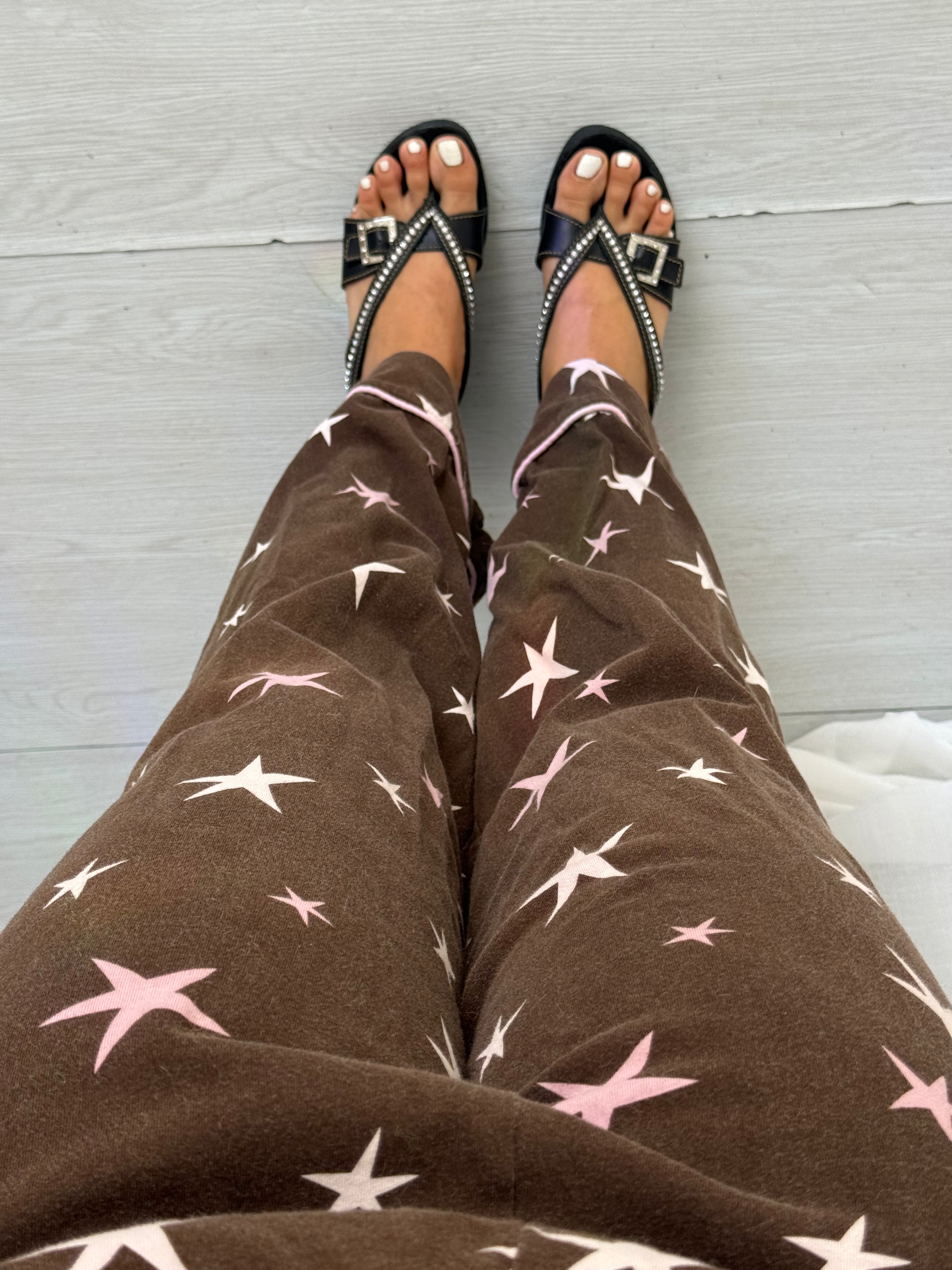 brown pink star print wide leg lounge pants ✧