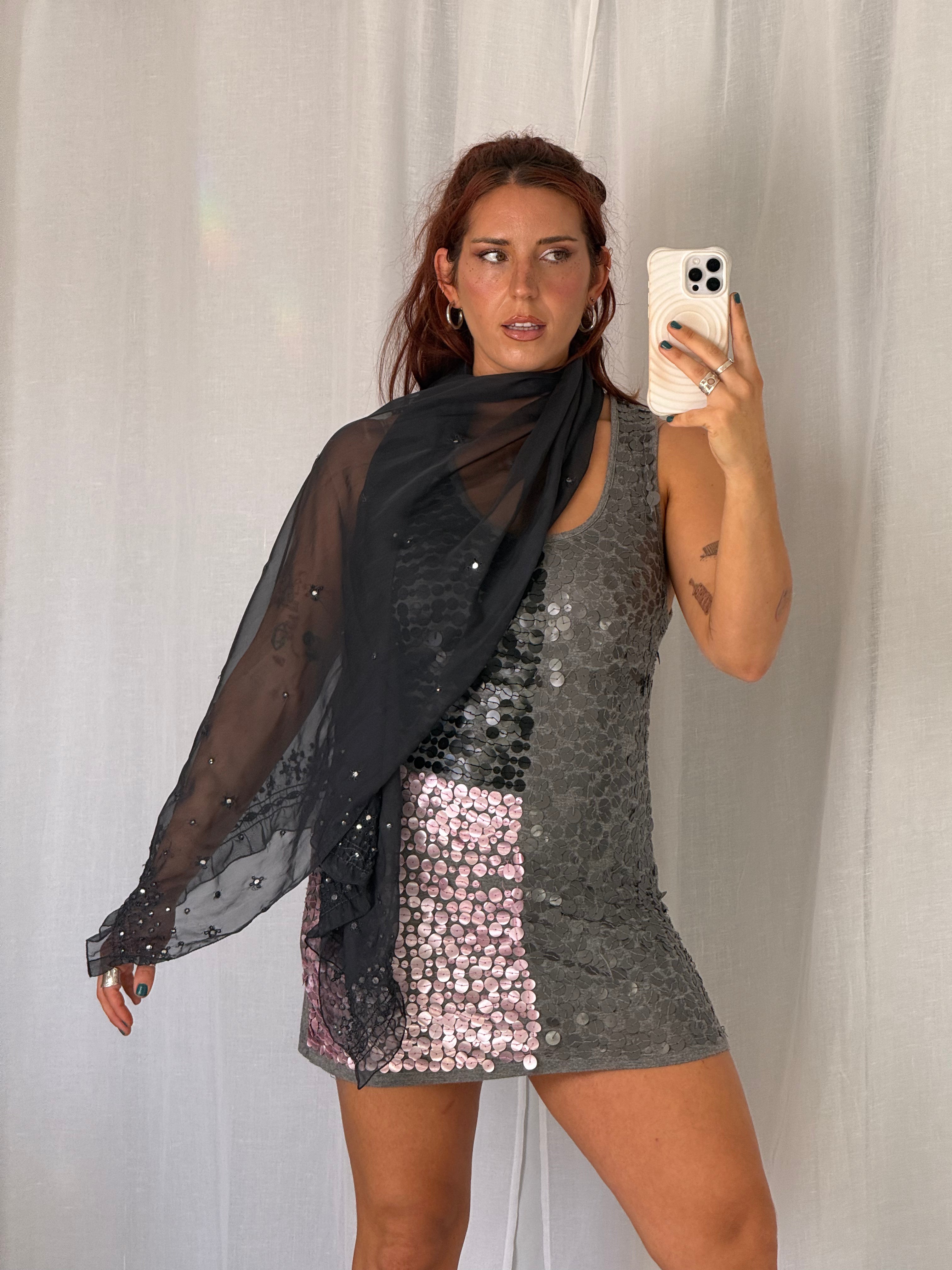 black sheer embroidered sequin scarf ✧