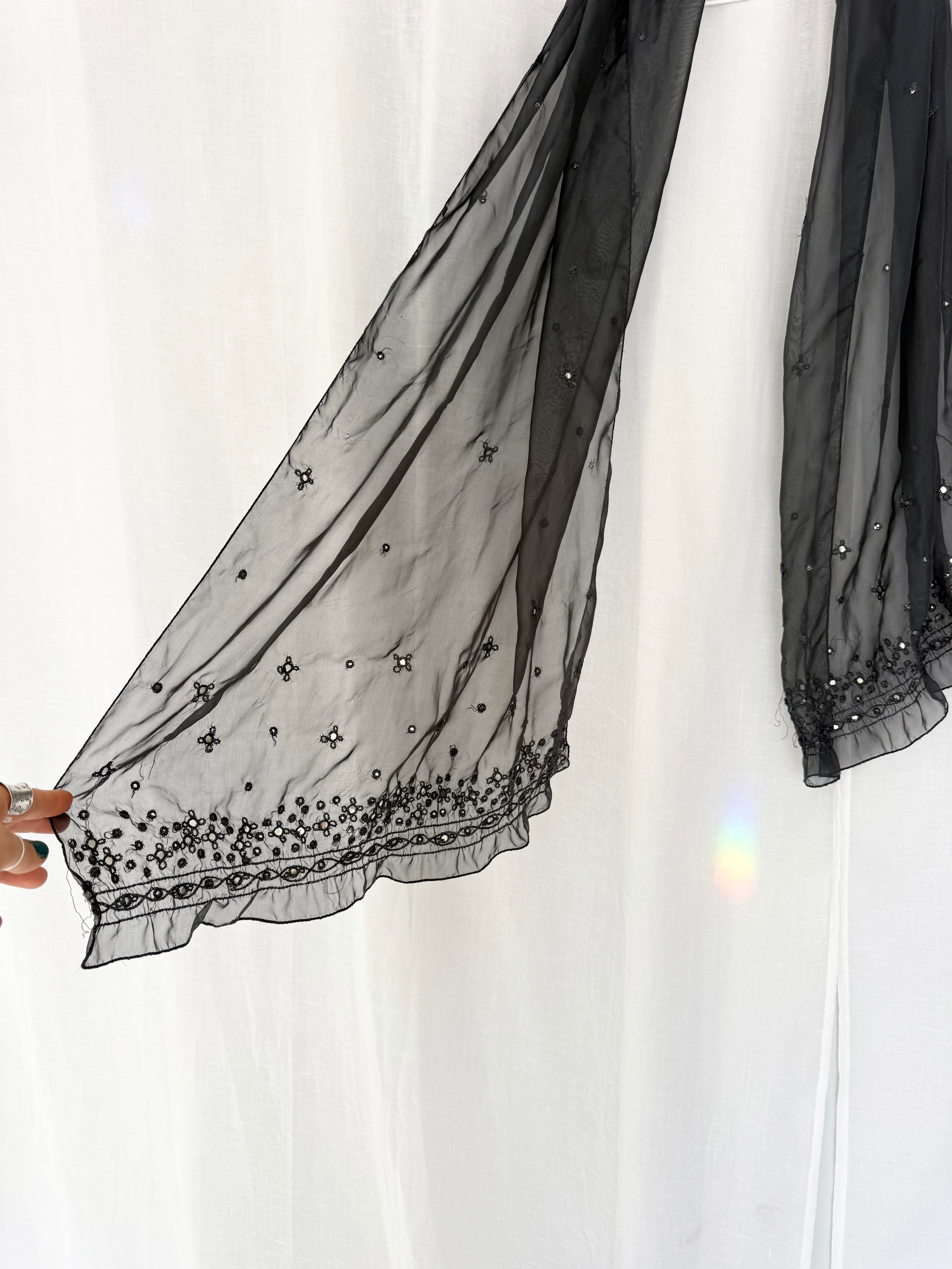 black sheer embroidered sequin scarf ✧
