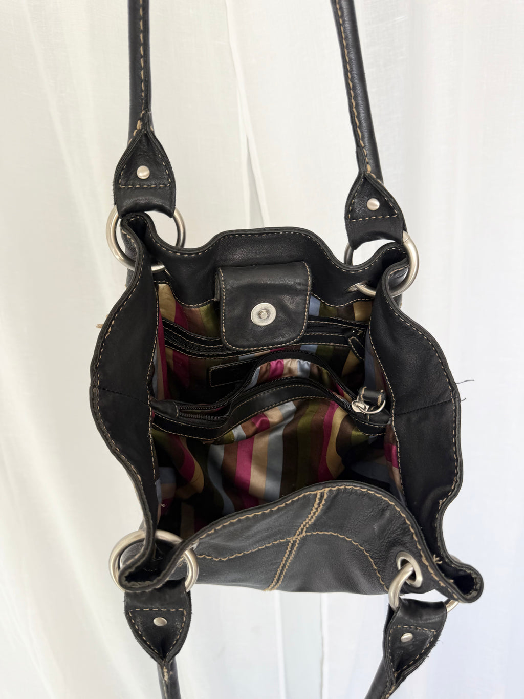 black leather contrast stitch shoulder bag ✧
