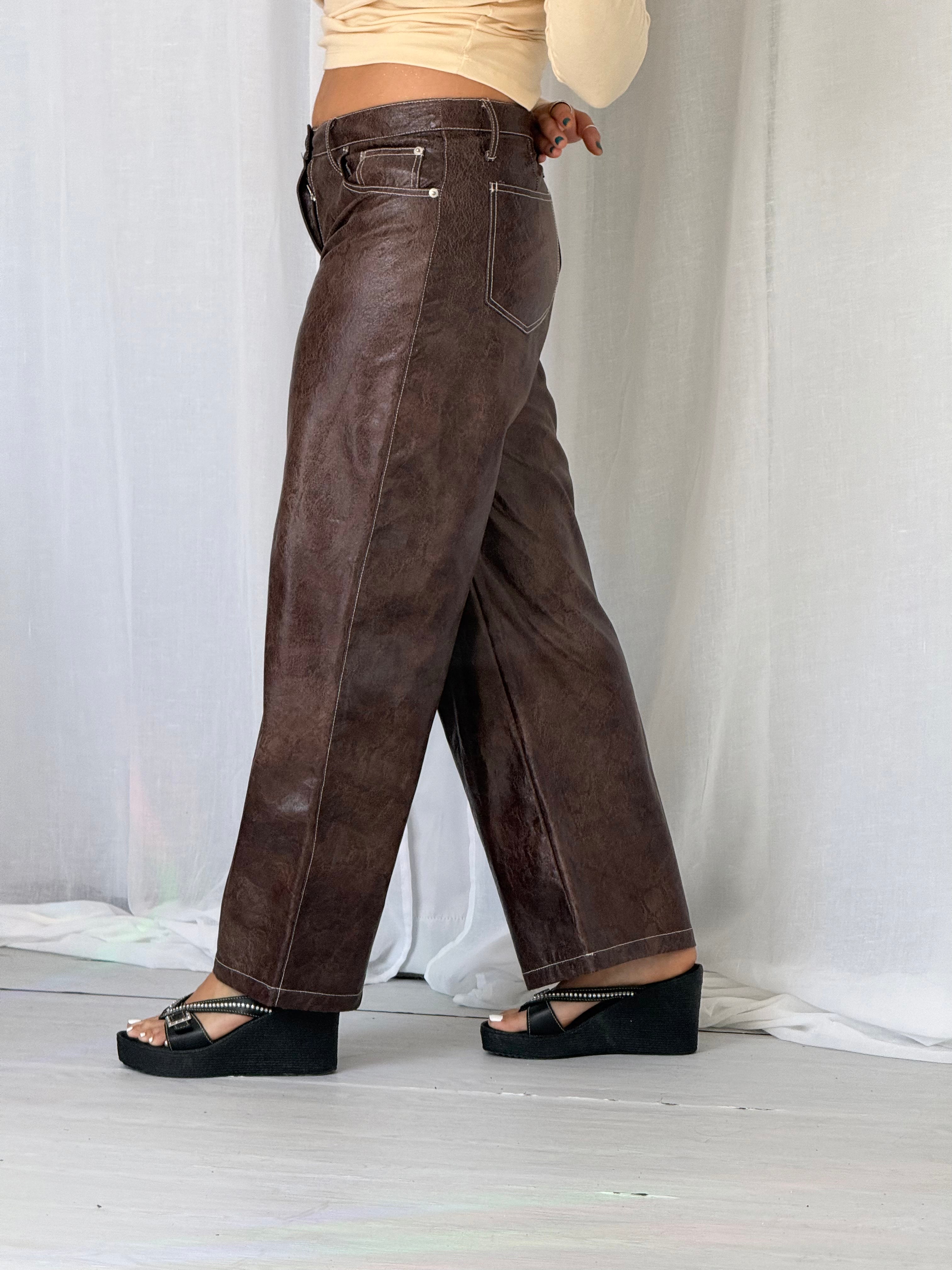 distressed brown leather look wide leg pants ✧ (32")