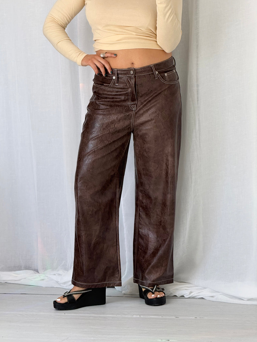 distressed brown leather look wide leg pants ✧ (32")