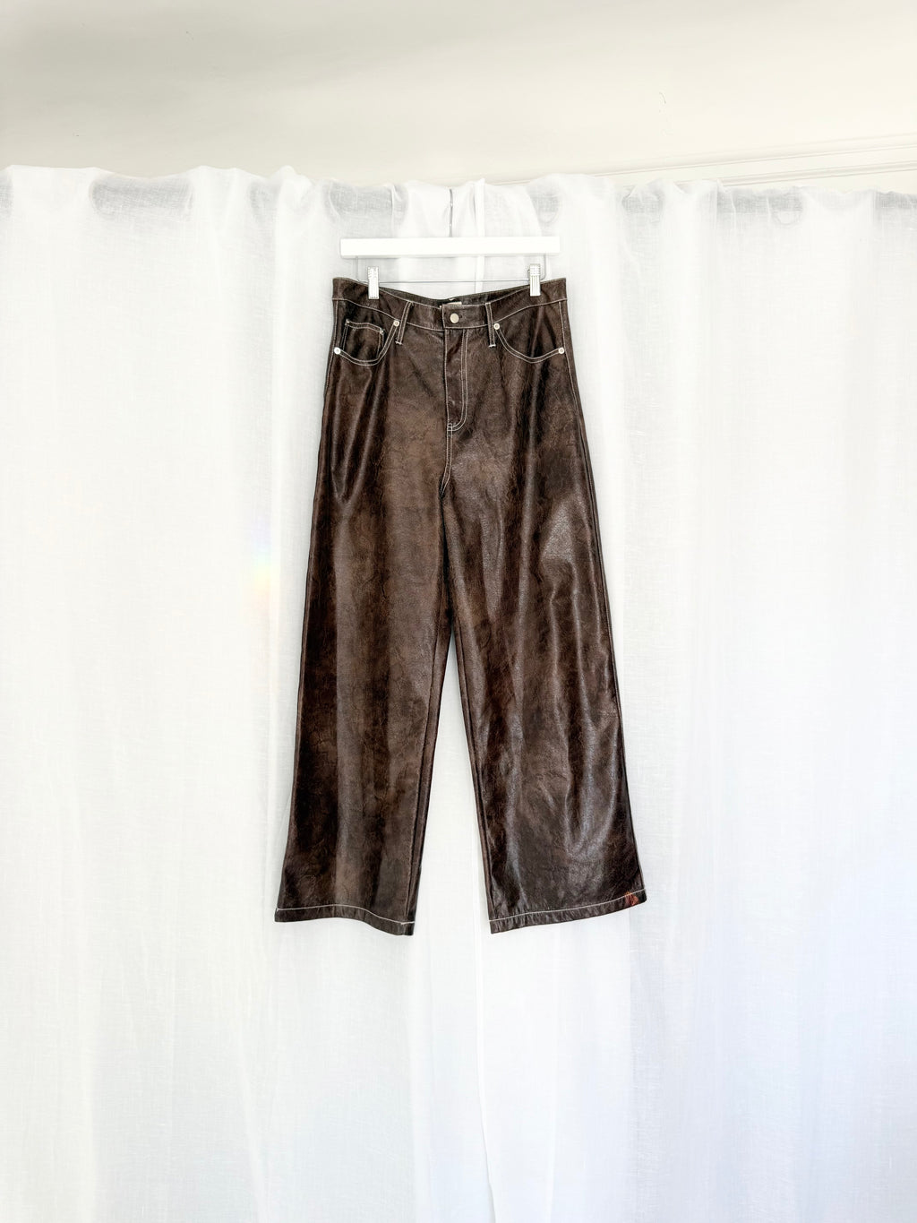 distressed brown leather look wide leg pants ✧ (32")