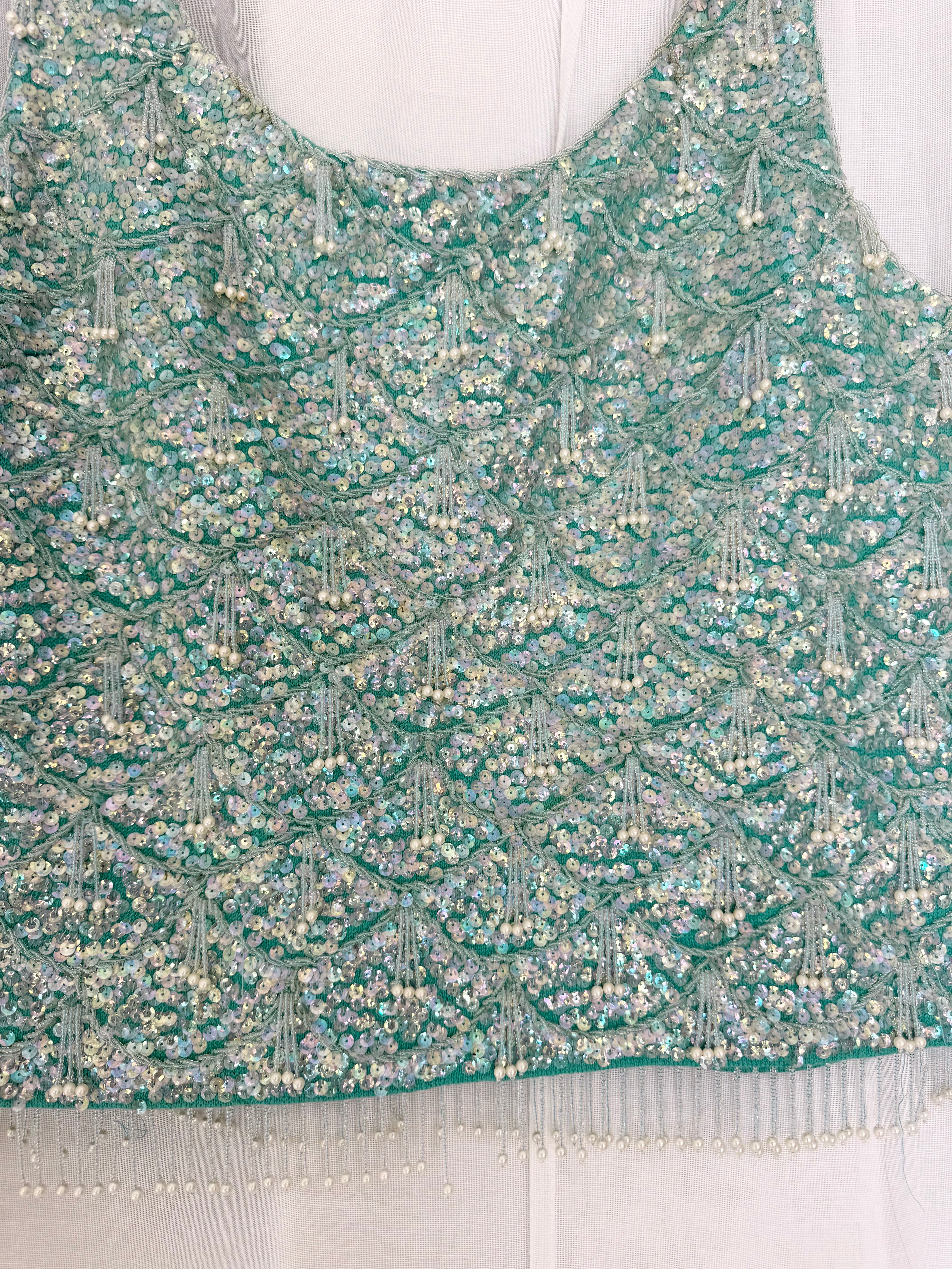 60s aqua beaded sequin top ✧