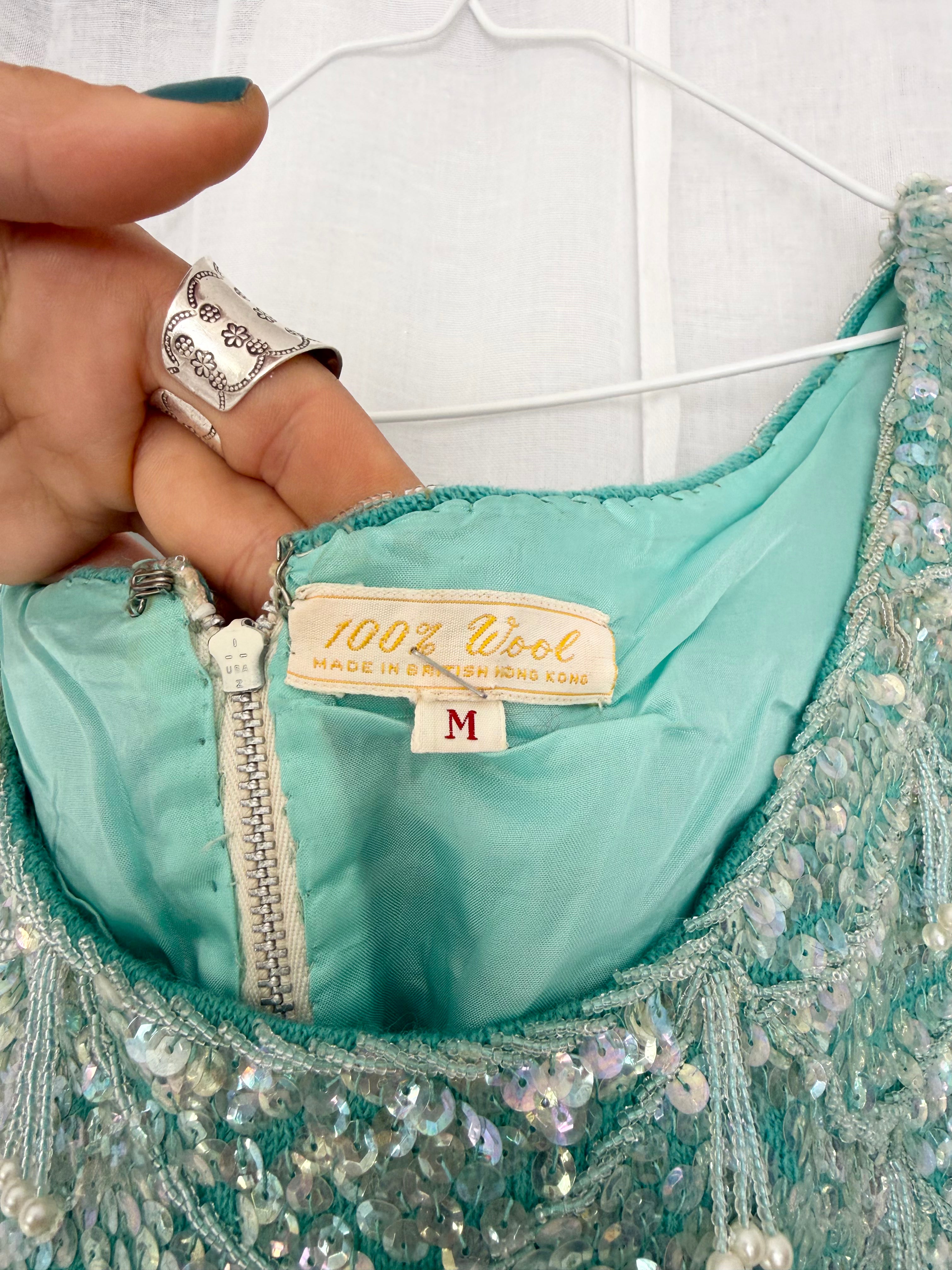 60s aqua beaded sequin top ✧