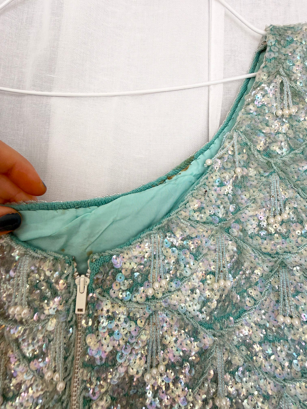60s aqua beaded sequin top ✧
