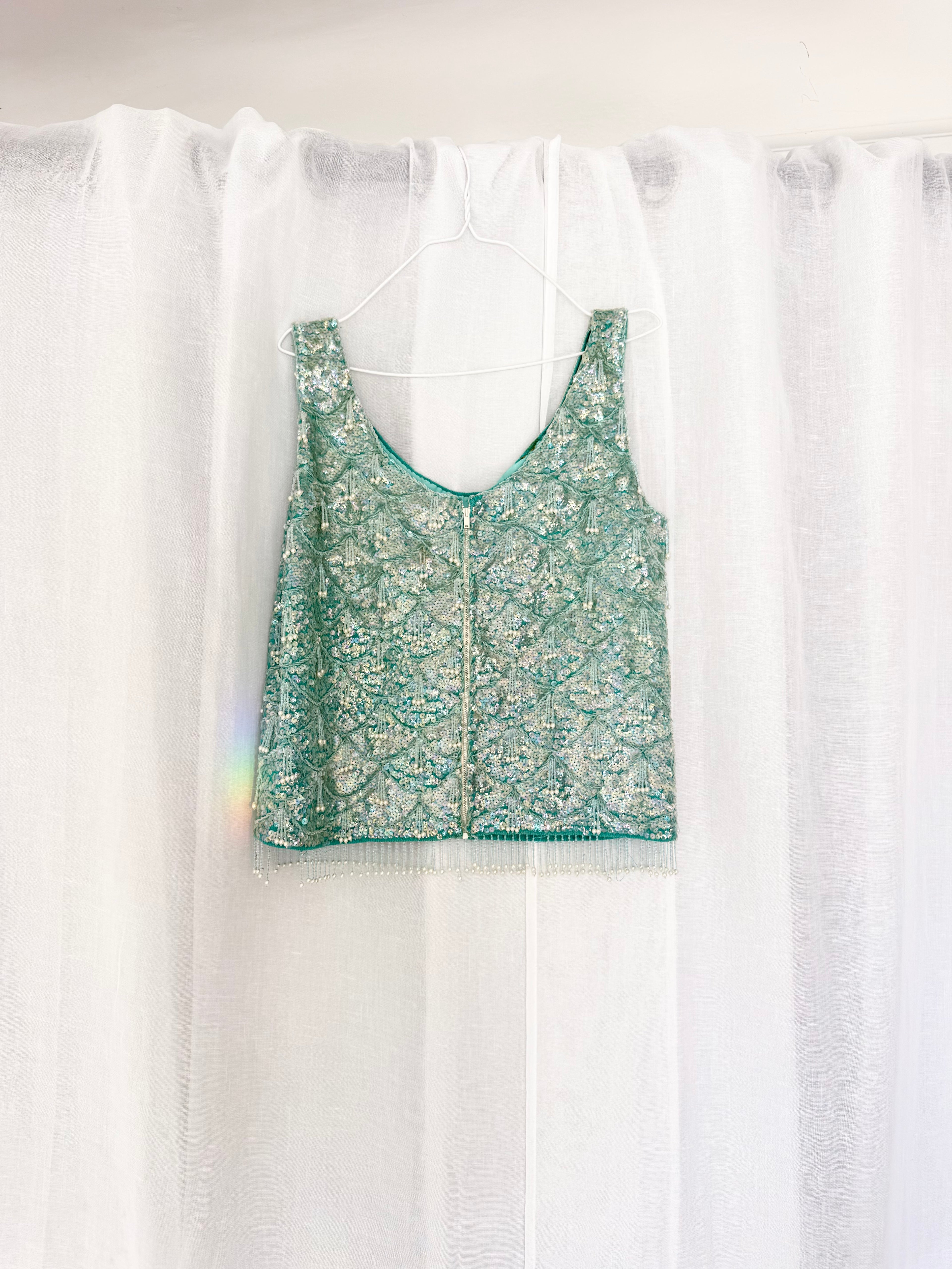 60s aqua beaded sequin top ✧