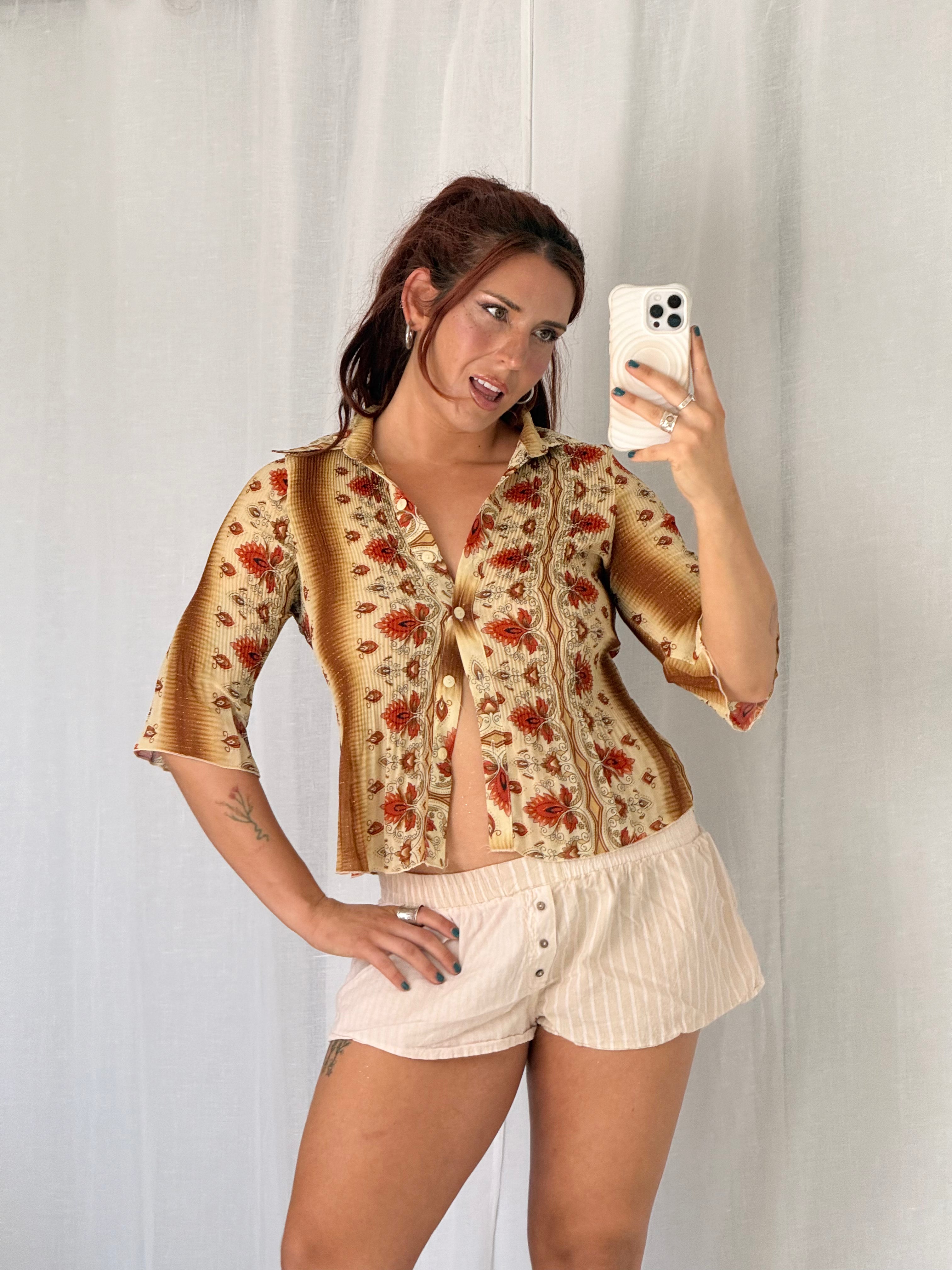70s floral psychedelic button blouse ✧