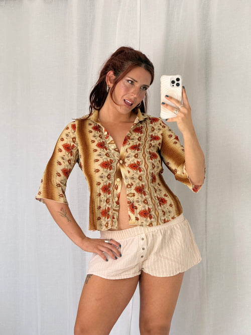 70s floral psychedelic button blouse ✧