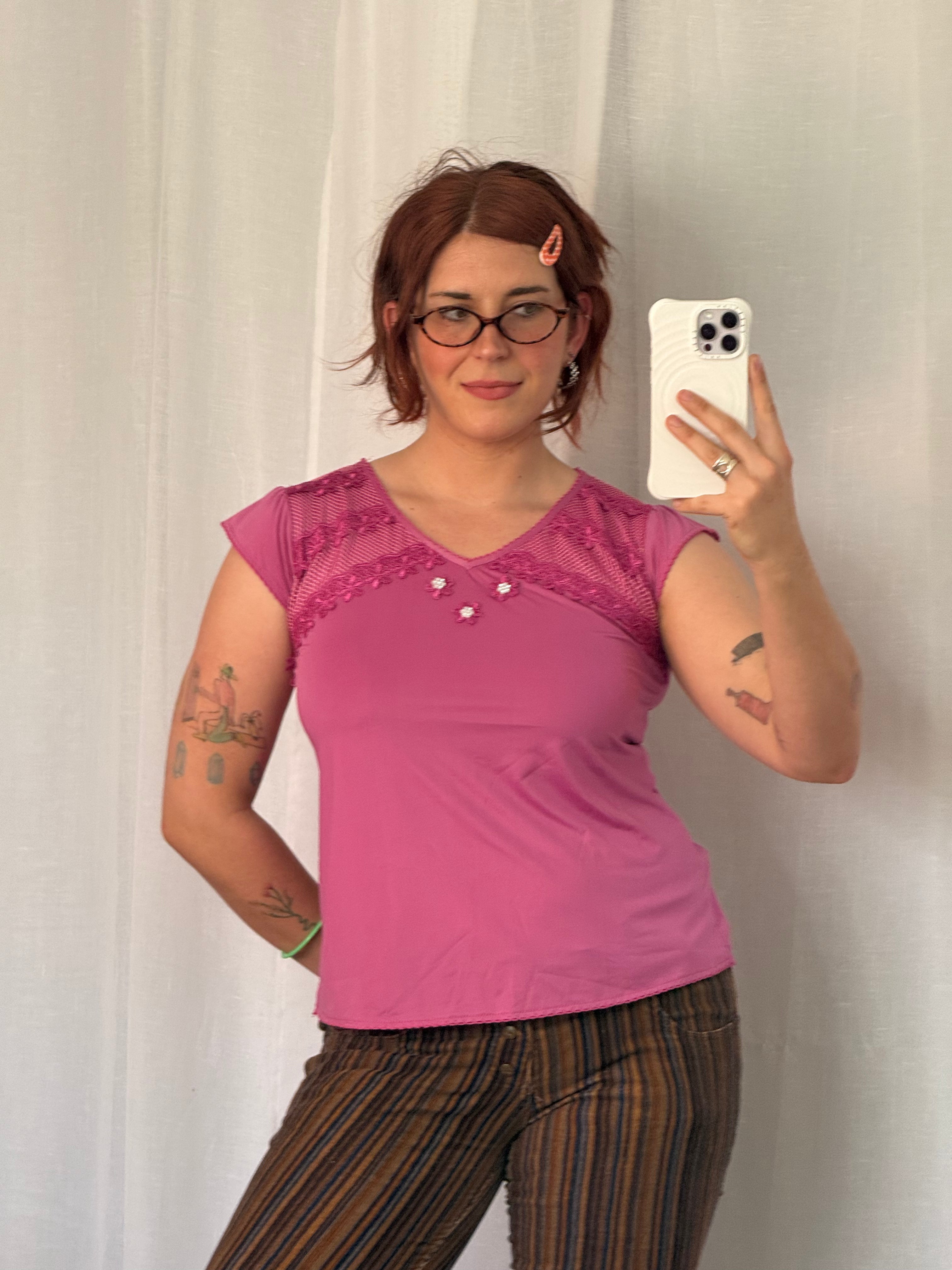 ✶ y2k fuchsia mesh lace fairy top ✶