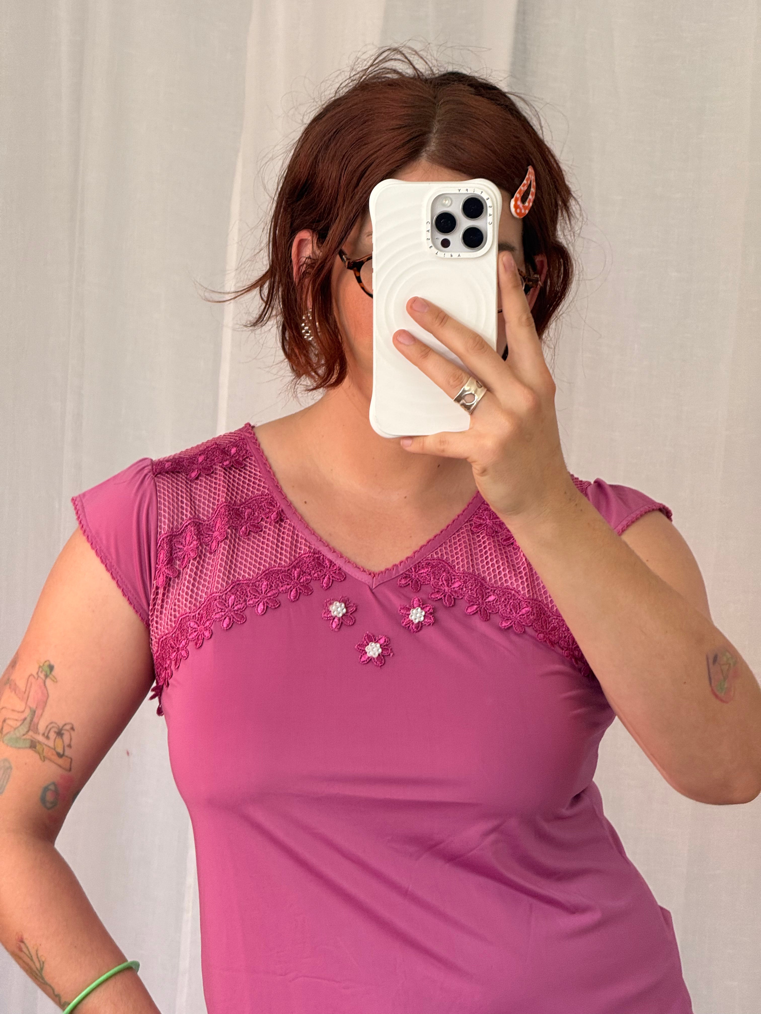 ✶ y2k fuchsia mesh lace fairy top ✶