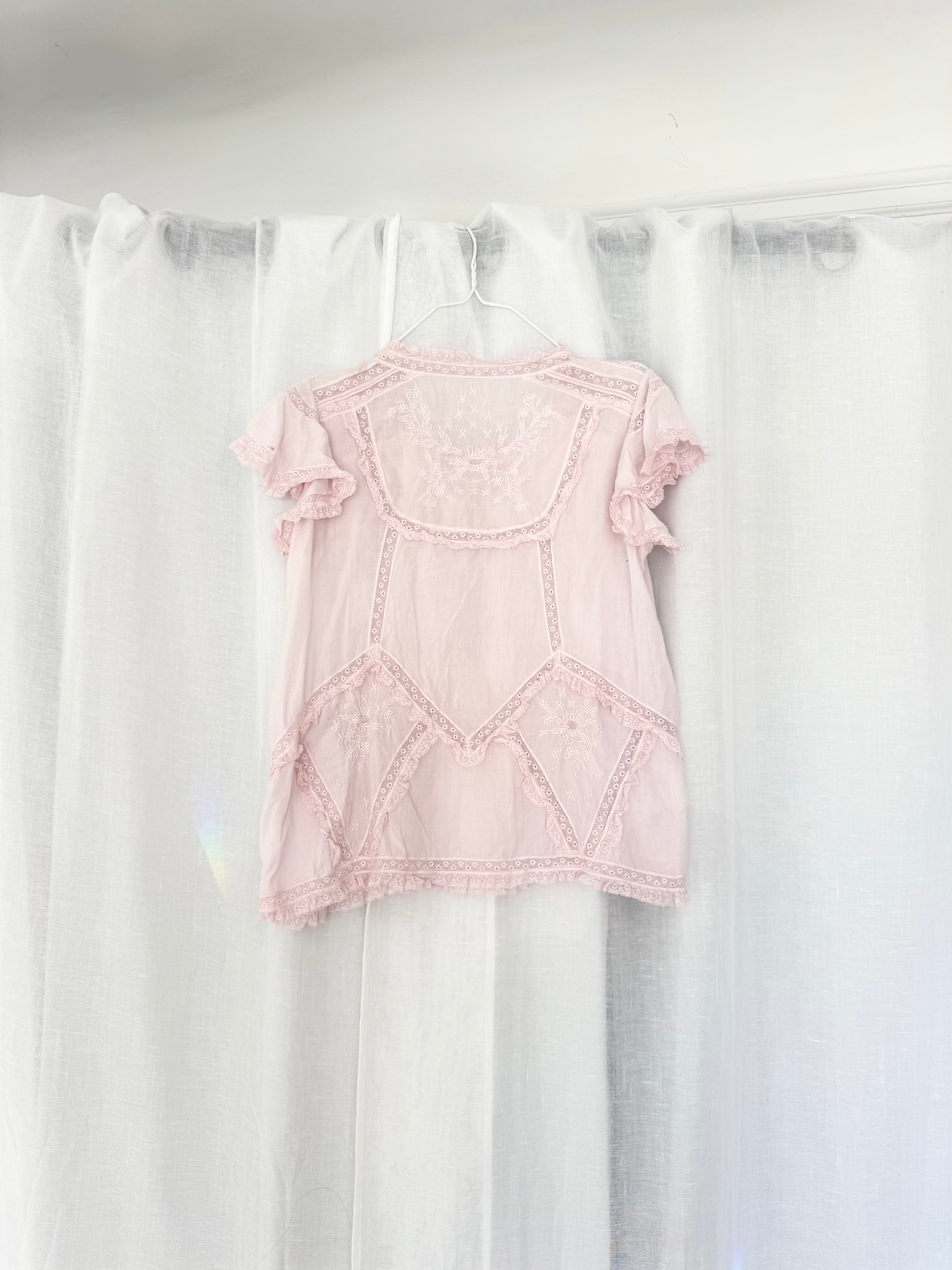 pink sheer embroidered lace blouse ✧