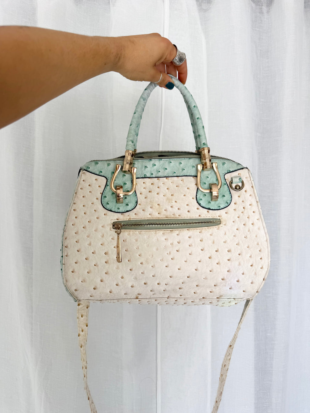 mint cream ostrich 2 way bowler bag ✧