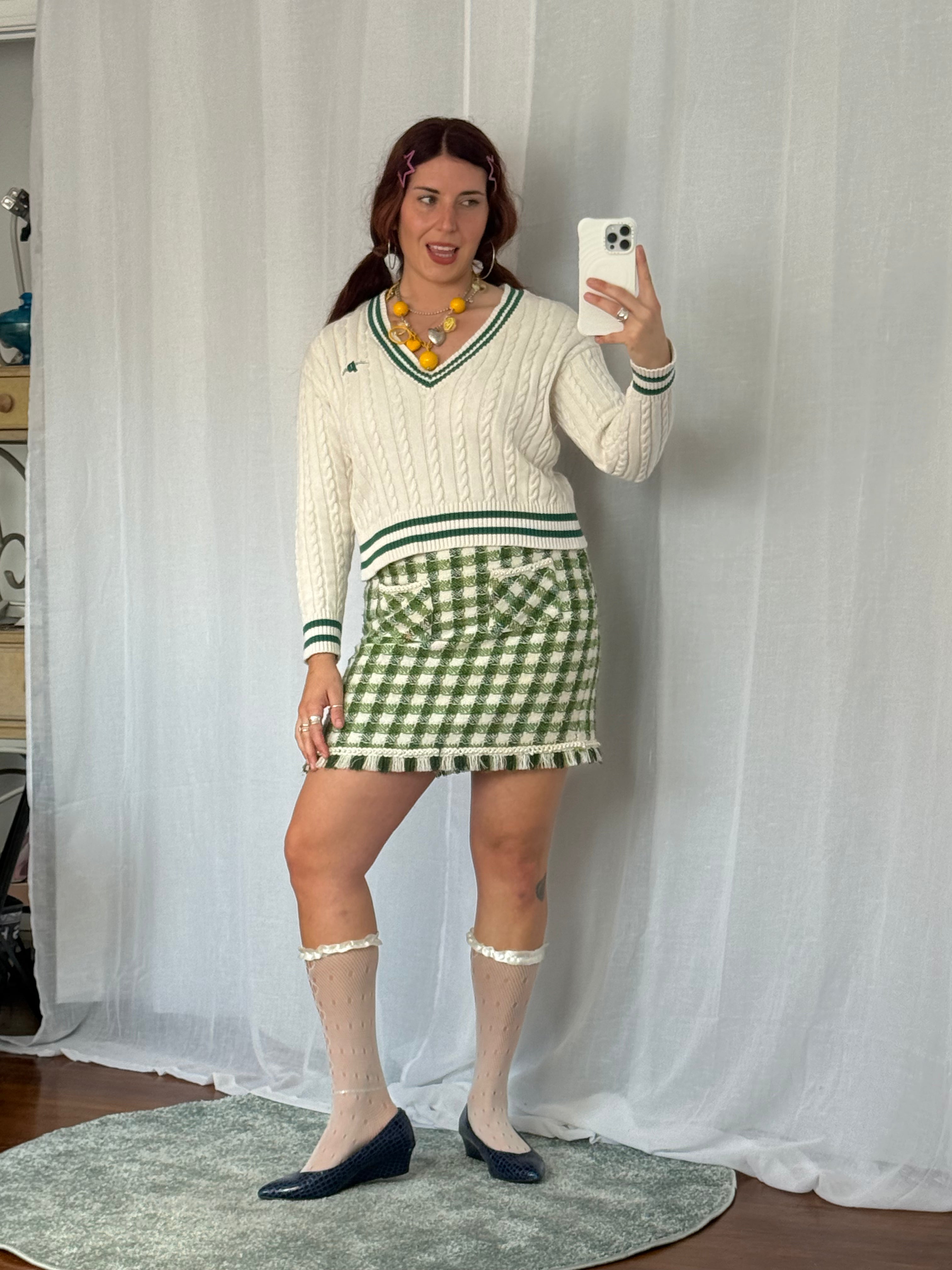 ✿ sister jane green gingham pearl trim tweed skirt ✿