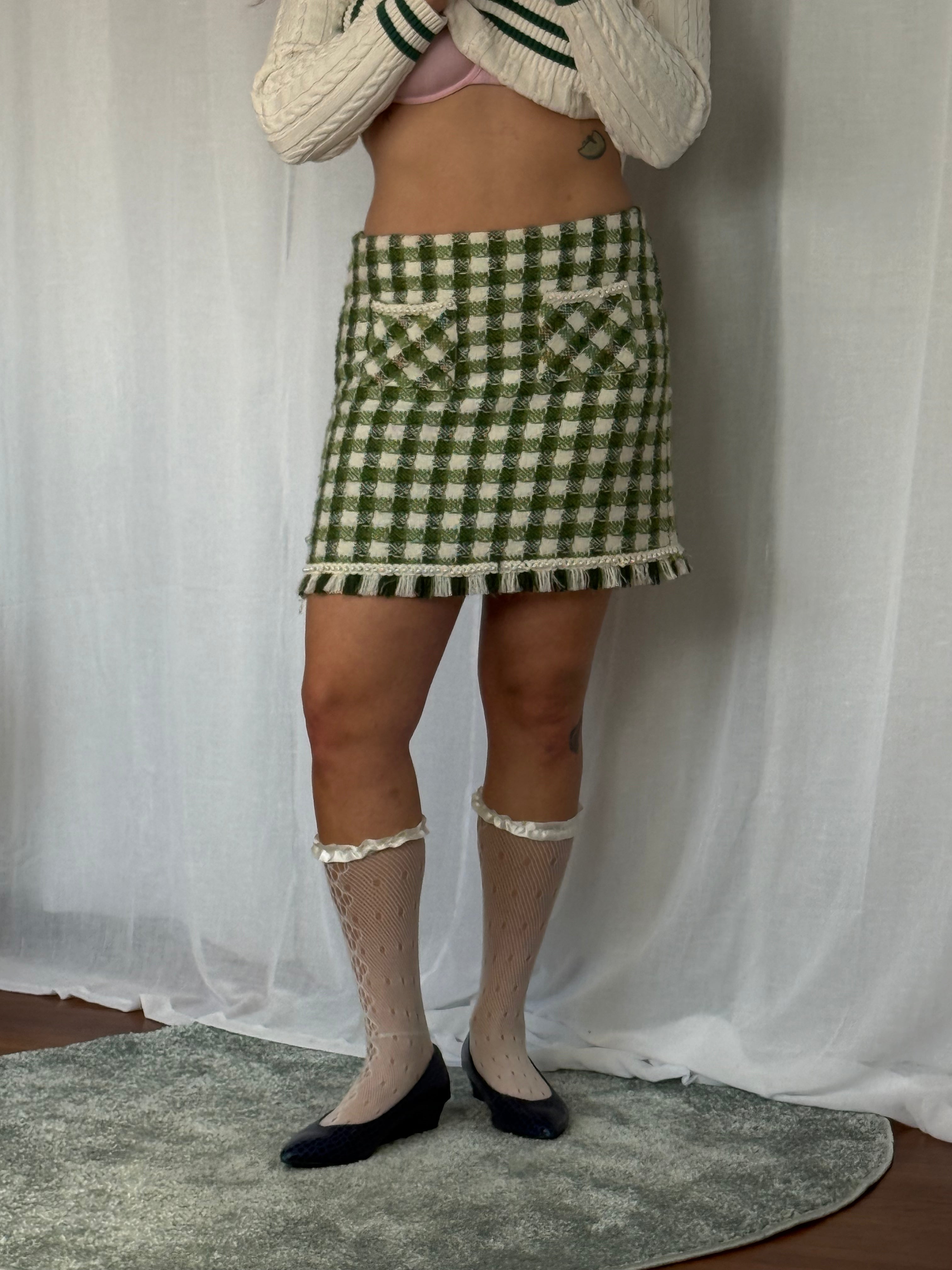 ✿ sister jane green gingham pearl trim tweed skirt ✿