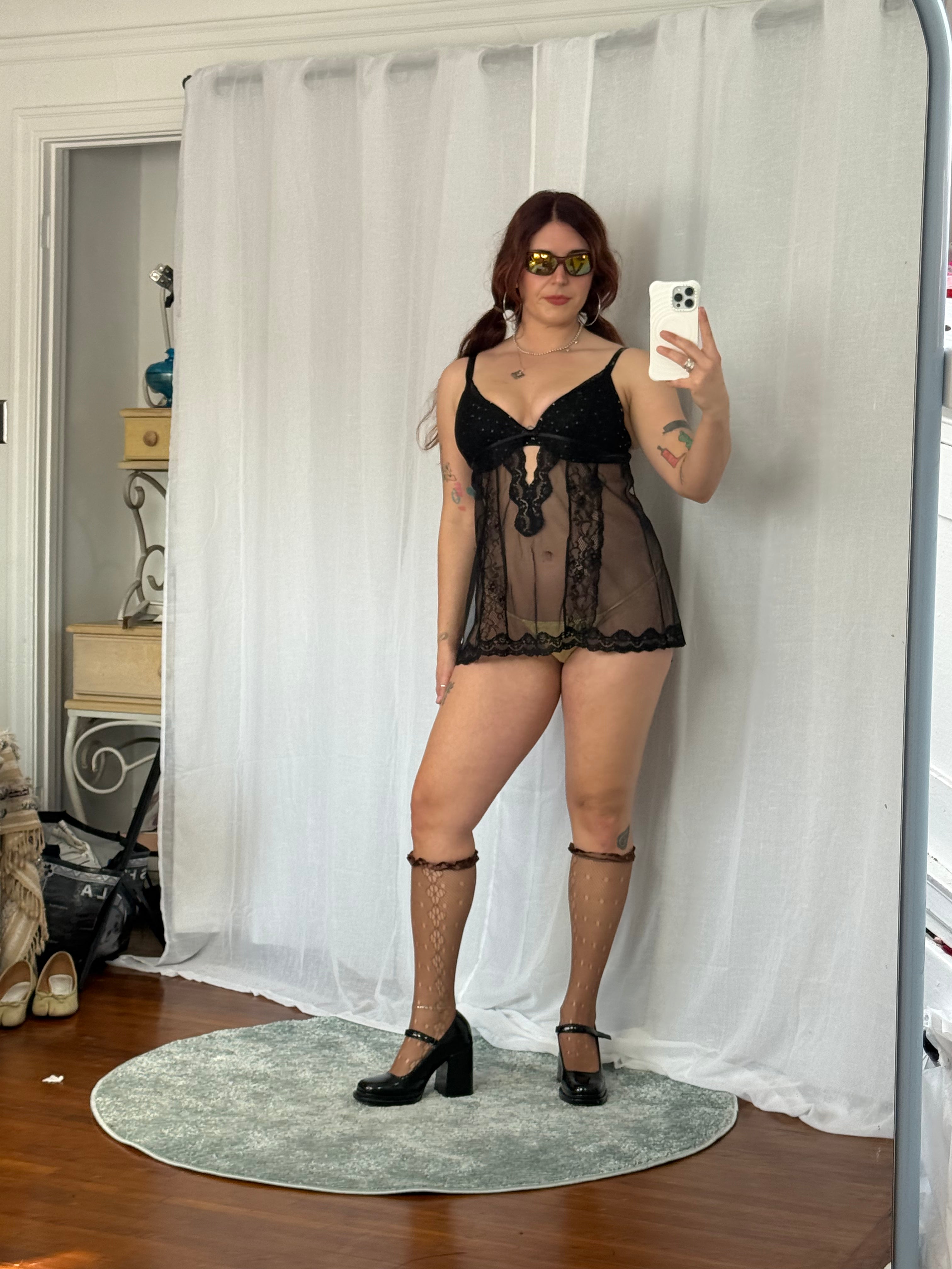 sheer lace criss cross babydoll top ✨🖤