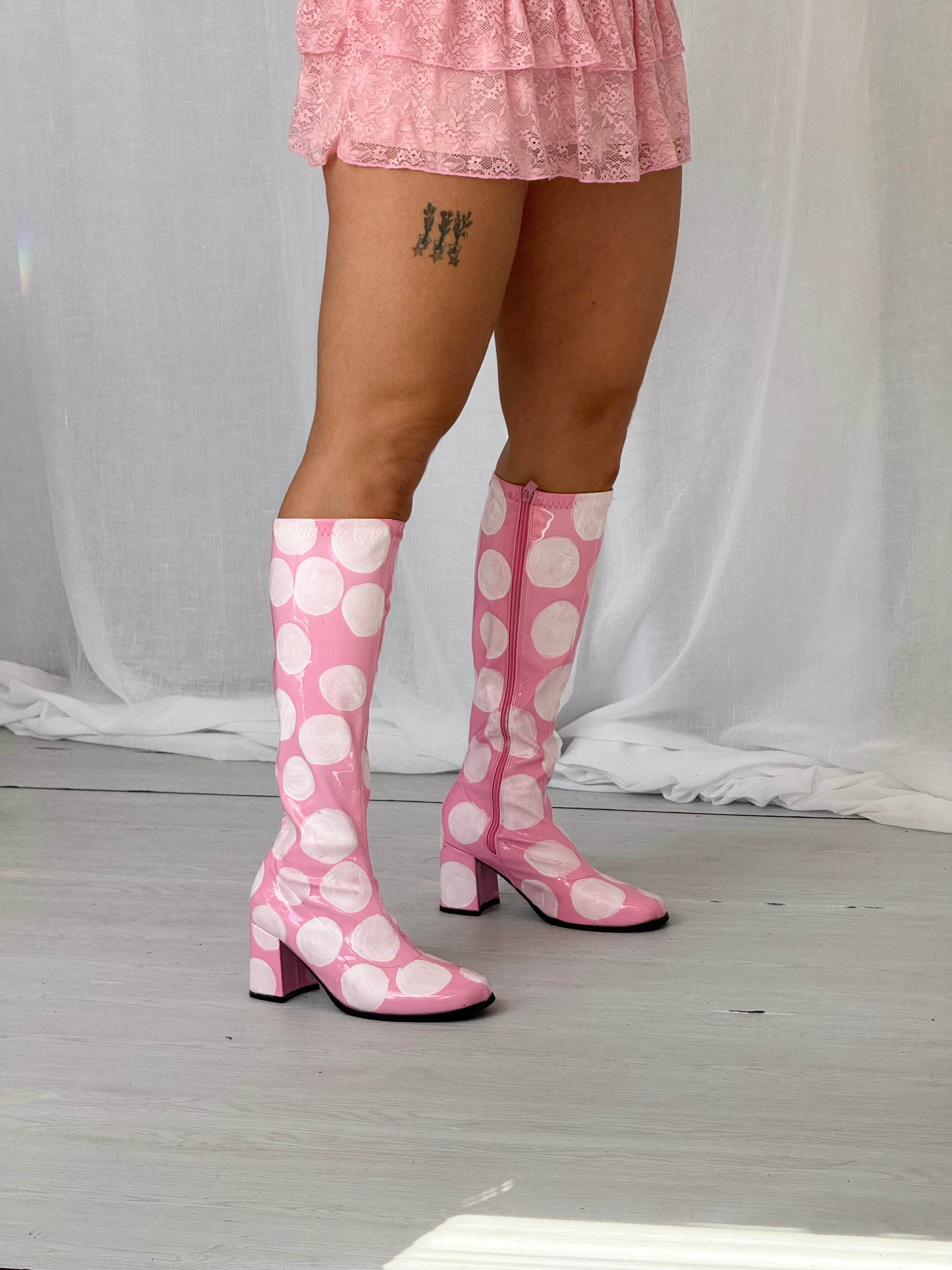 pink polka dot painted mod boots ✧ (size 8)