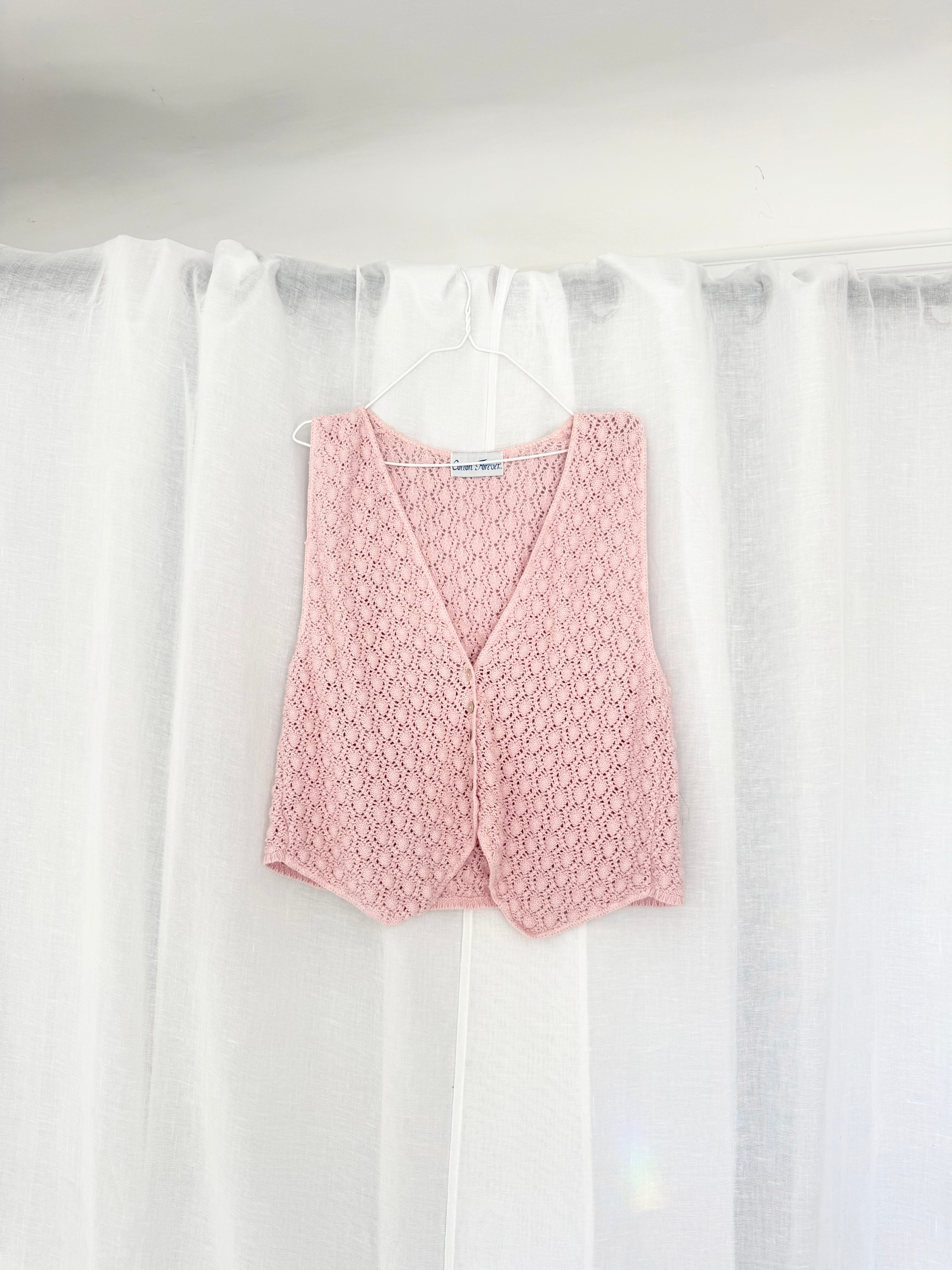 pink pointelle knit button vest ✧