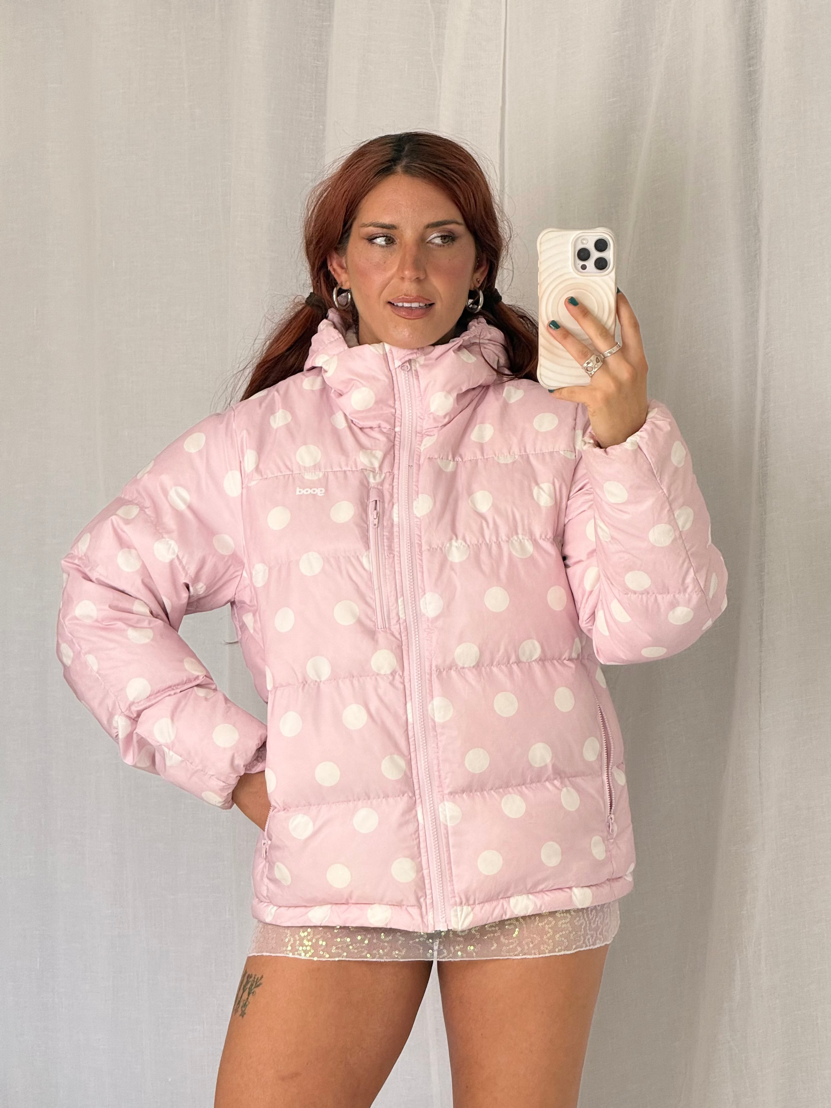 pink polka dot puffer jacket ✧