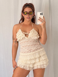 cream lace ruffle halter mini dress ✧