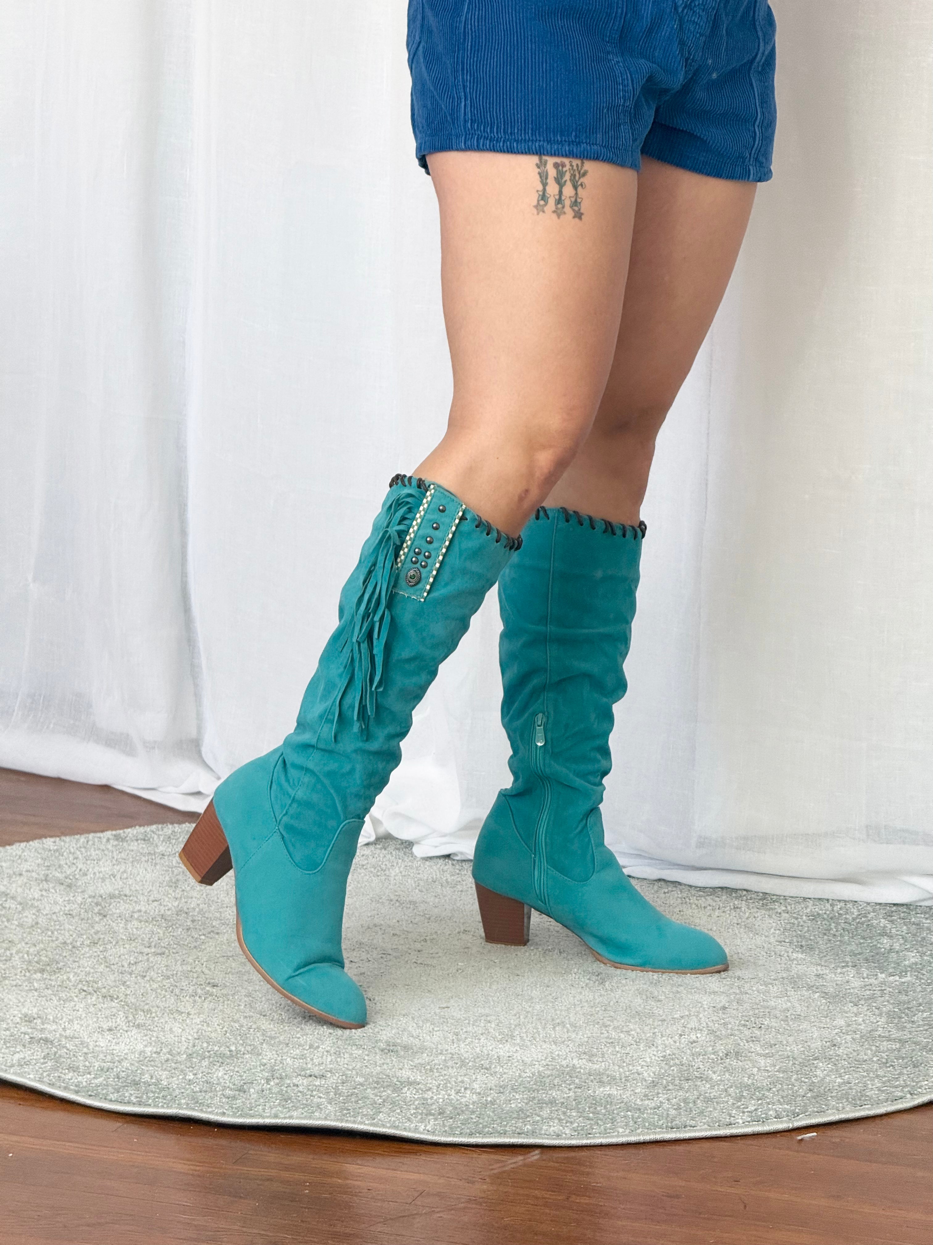 ✦ turquoise fringe faux suede knee high boots (size 9)