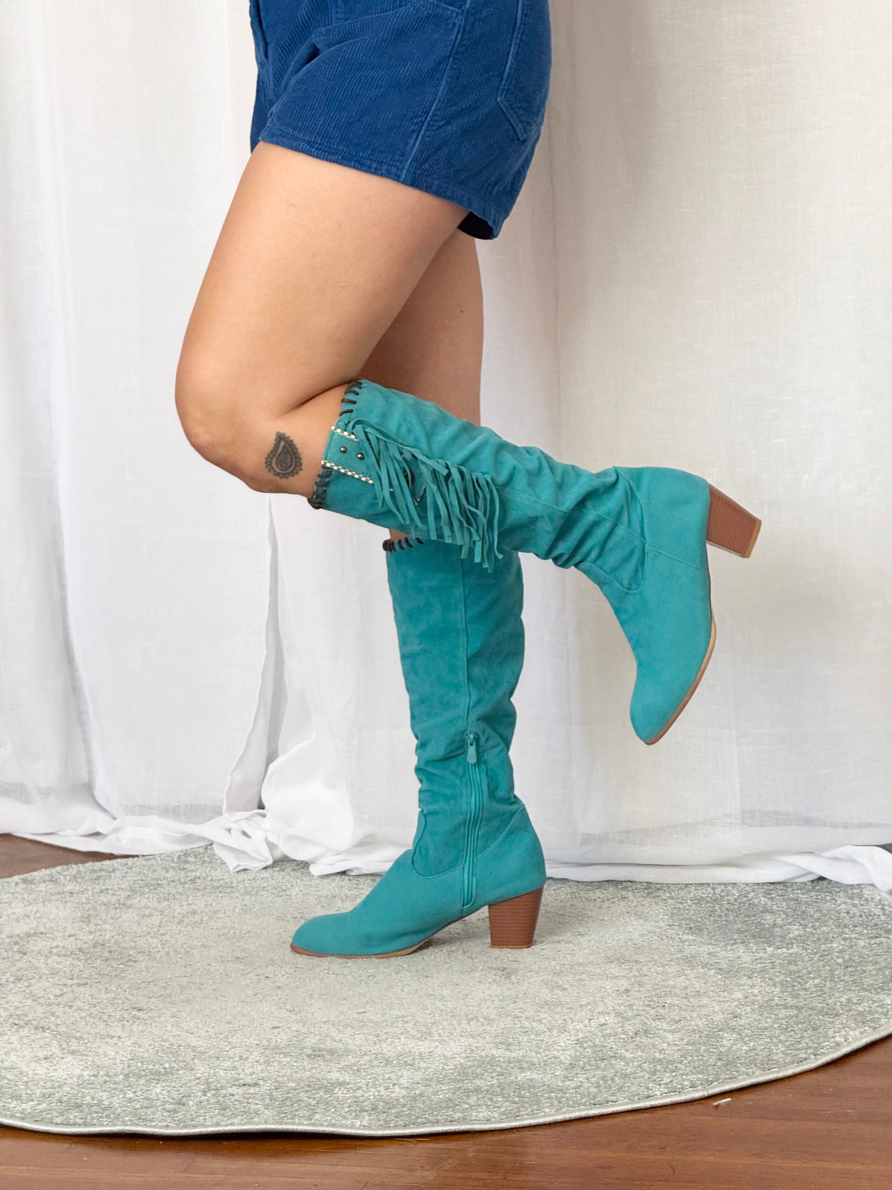 ✦ turquoise fringe faux suede knee high boots (size 9)
