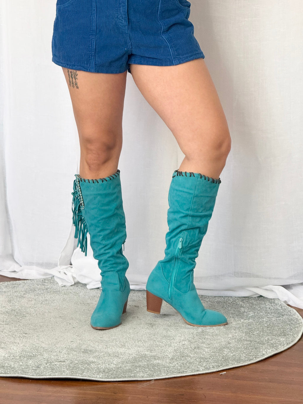 ✦ turquoise fringe faux suede knee high boots (size 9)