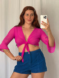 ✦ hot pink rhinestone mesh tie top ✧