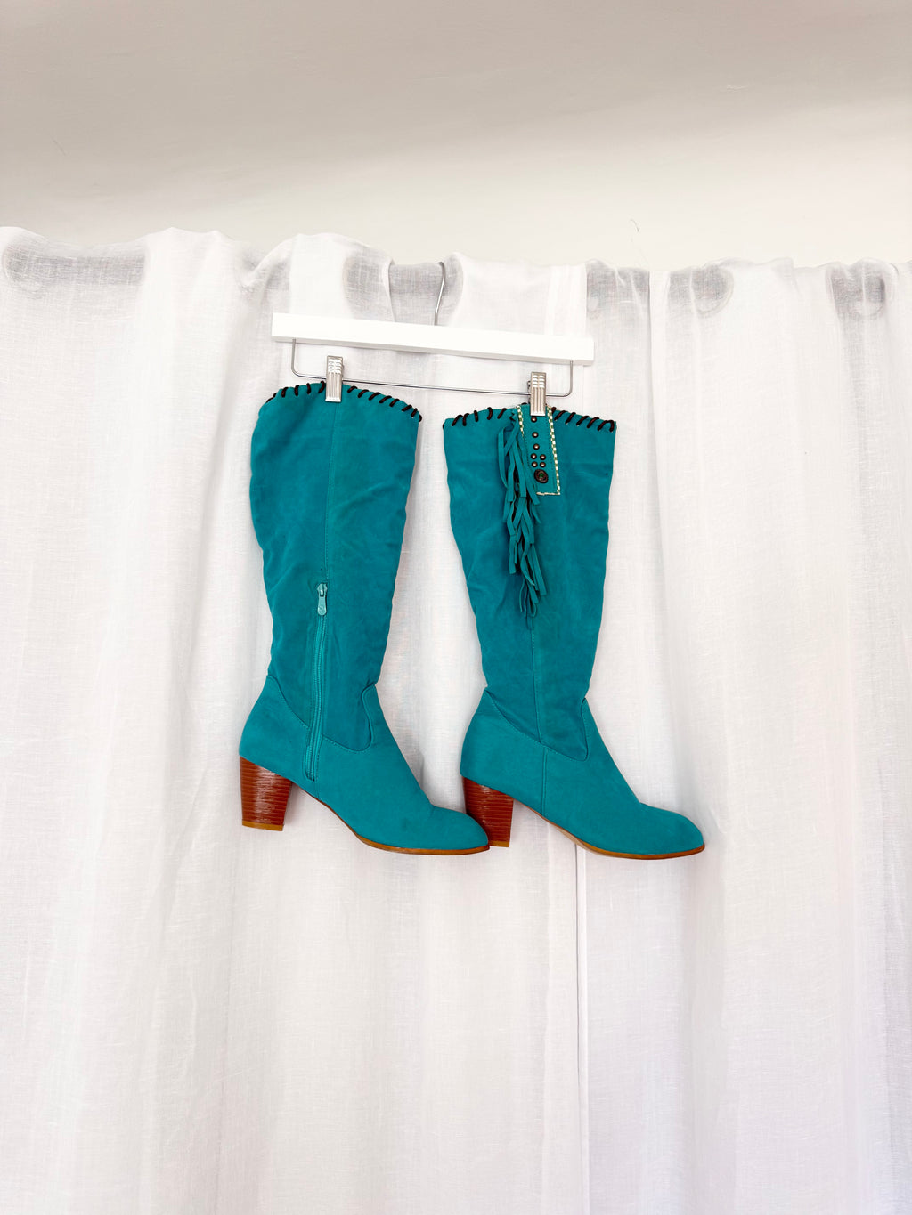 ✦ turquoise fringe faux suede knee high boots (size 9)