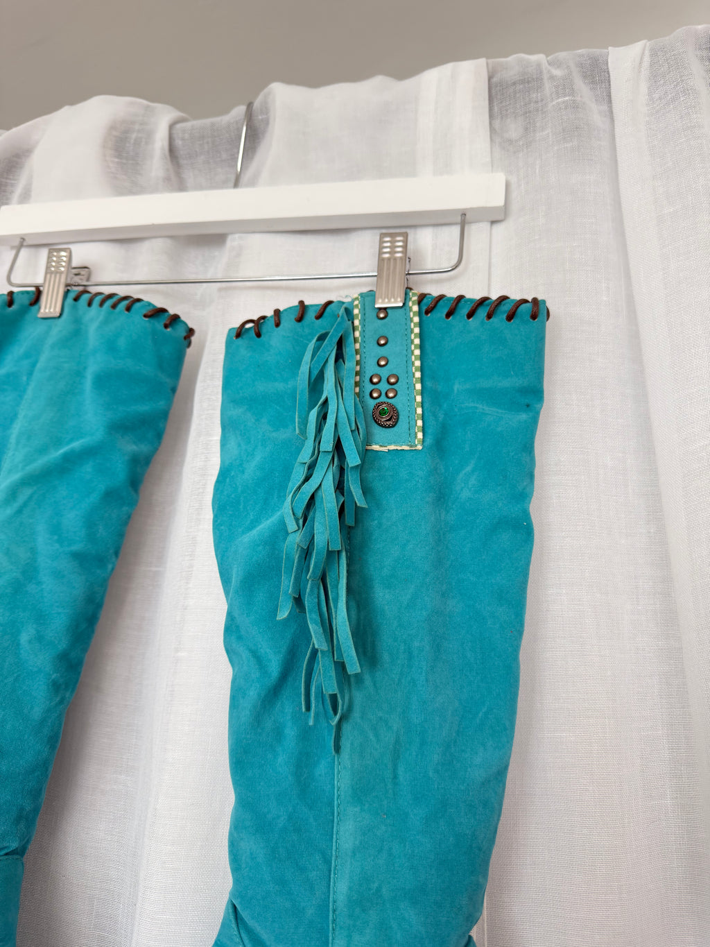 ✦ turquoise fringe faux suede knee high boots (size 9)