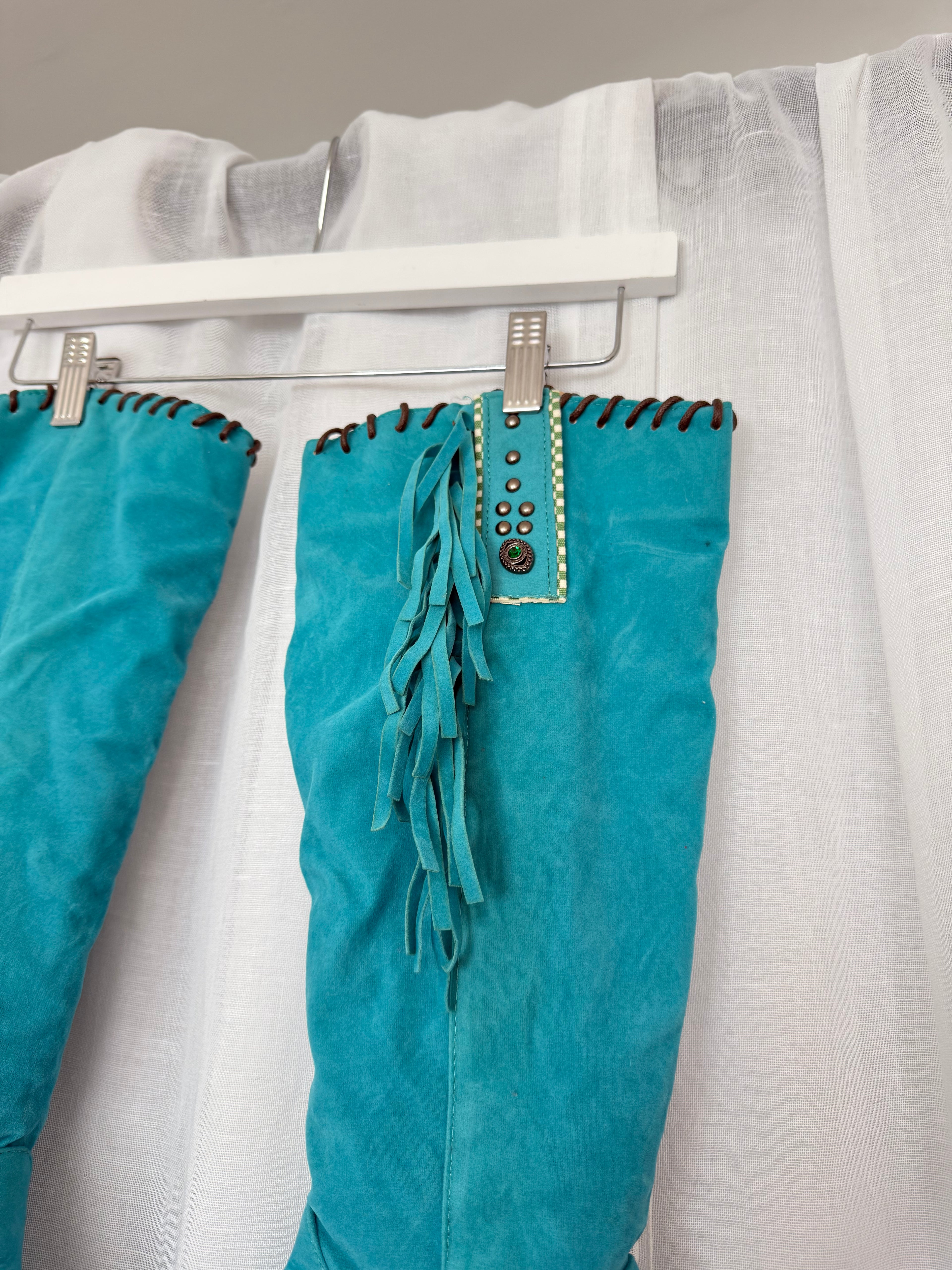 ✦ turquoise fringe faux suede knee high boots (size 9)