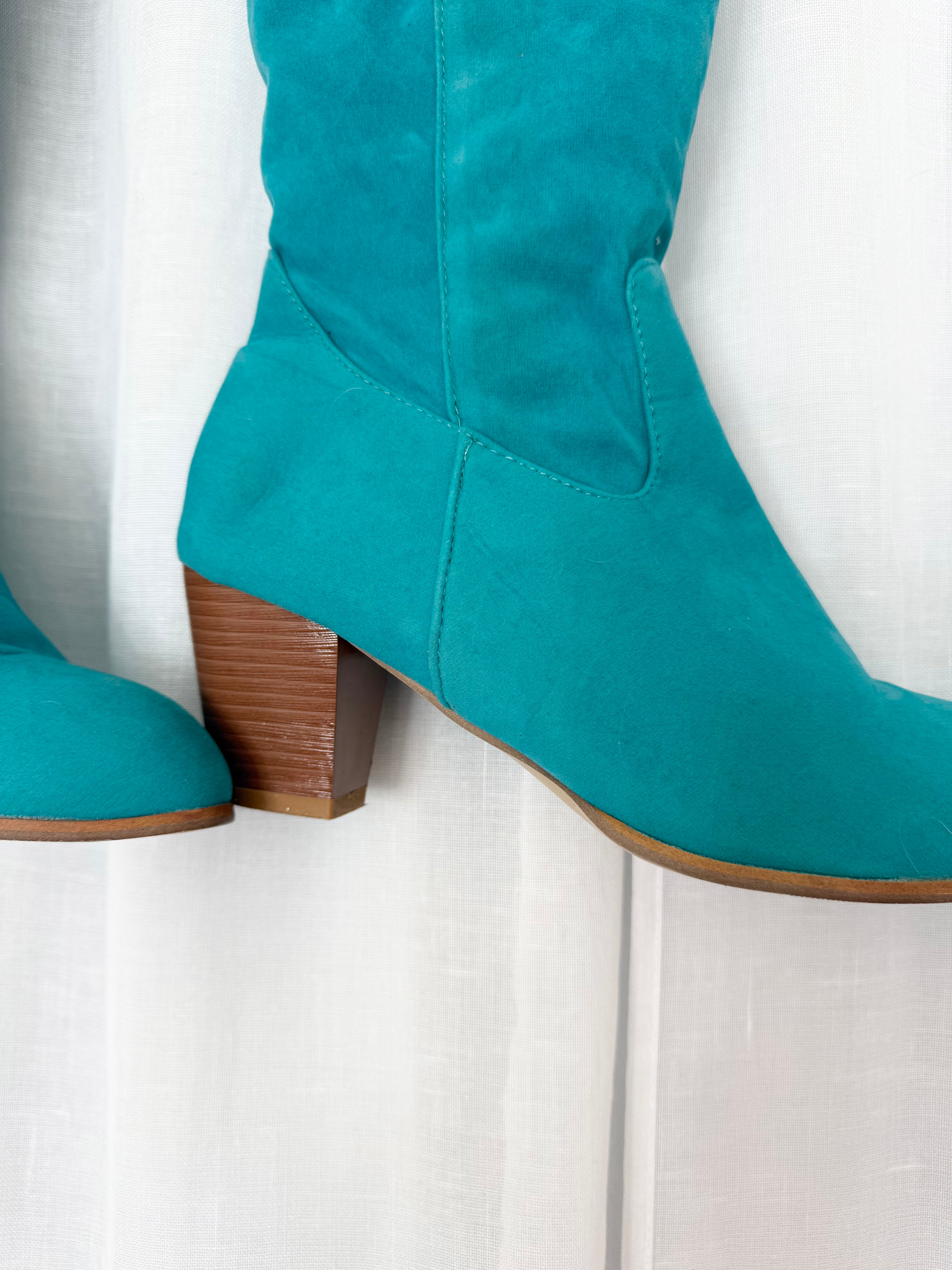 ✦ turquoise fringe faux suede knee high boots (size 9)