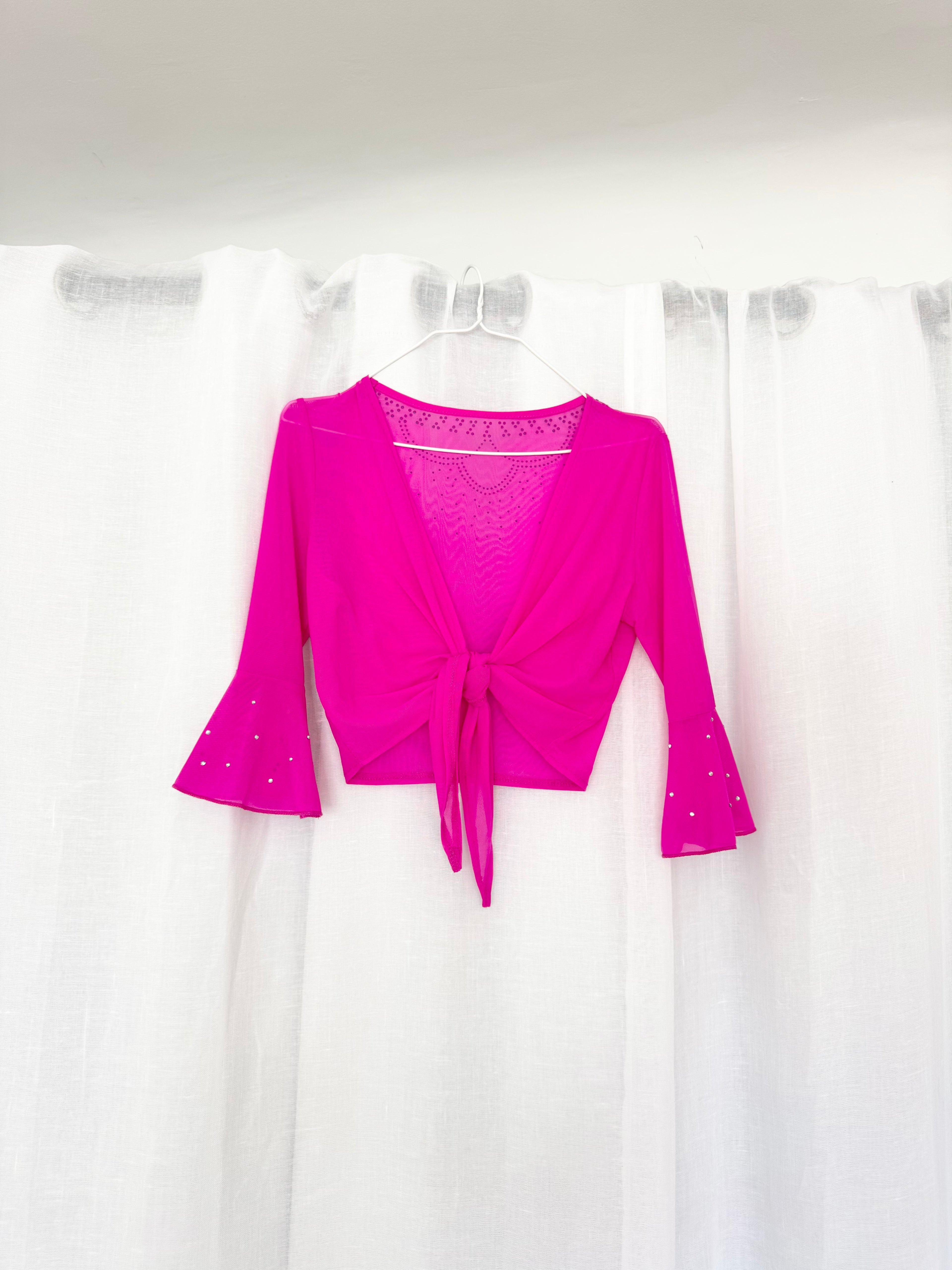 ✦ hot pink rhinestone mesh tie top ✧