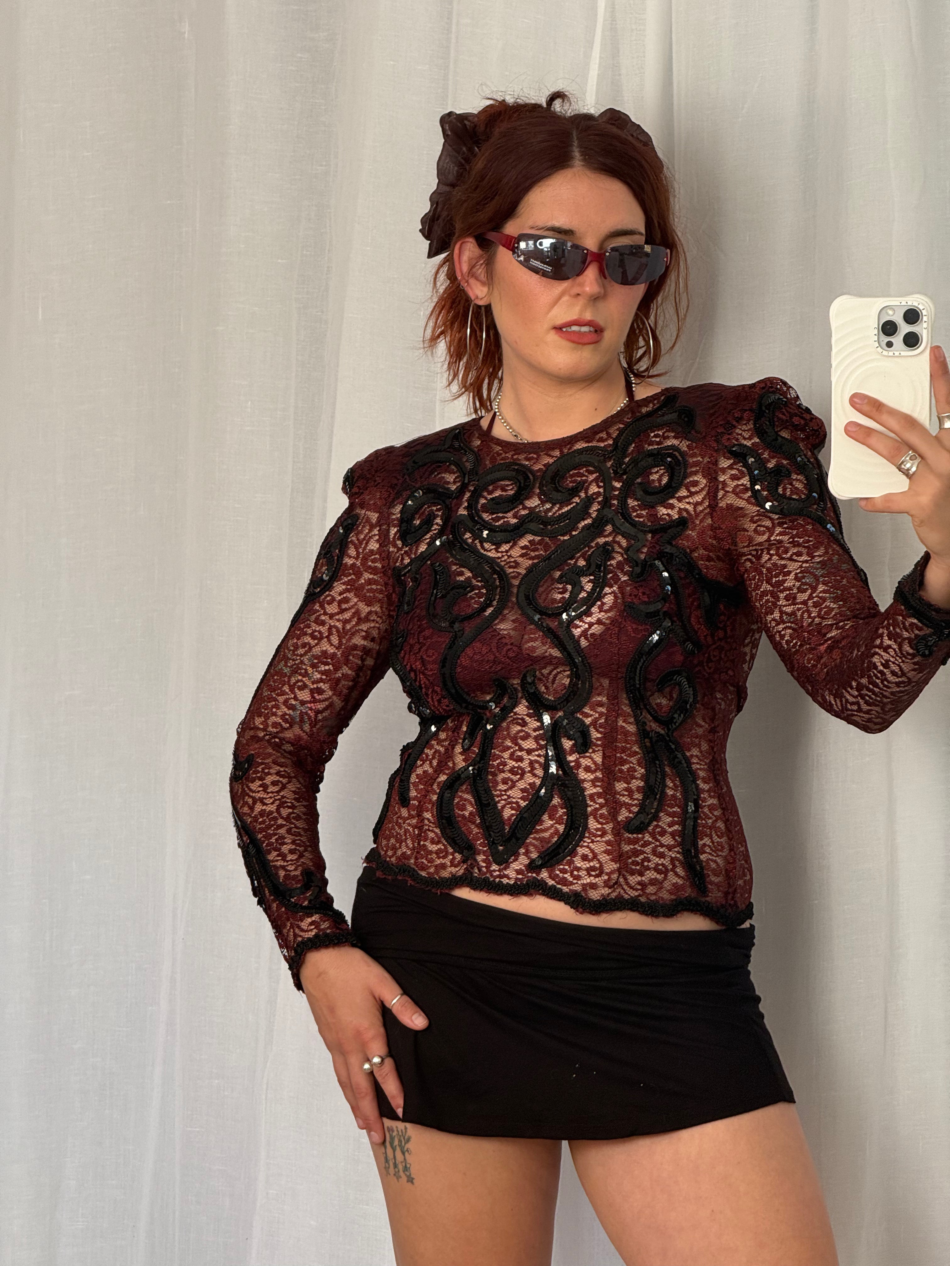 ✶ 𖤐 burgundy lace sequin top 𖤐 ✶