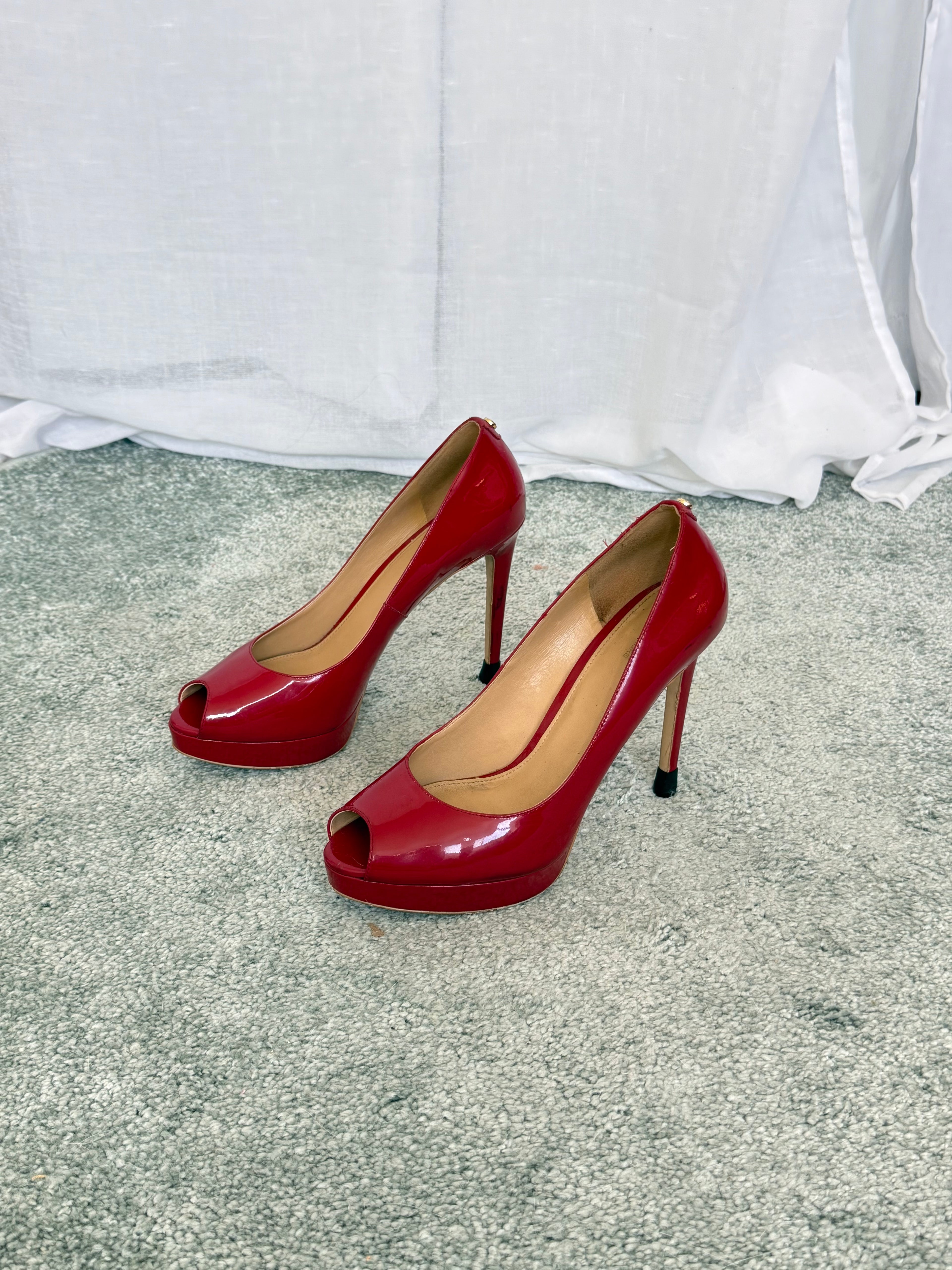 ✦ michael kors red patent leather peep toe stilettos ✦