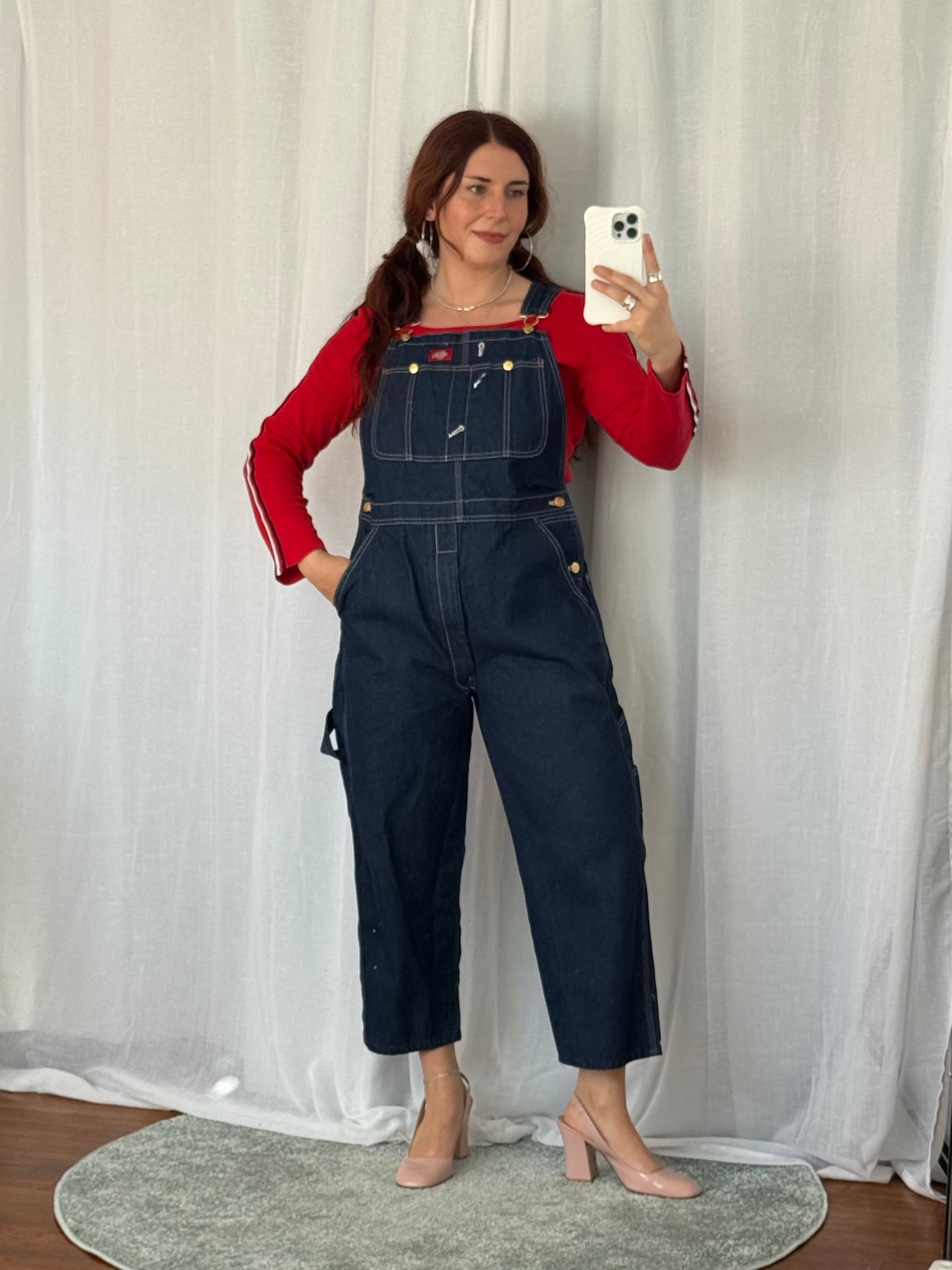 dickies dark wash capri overalls