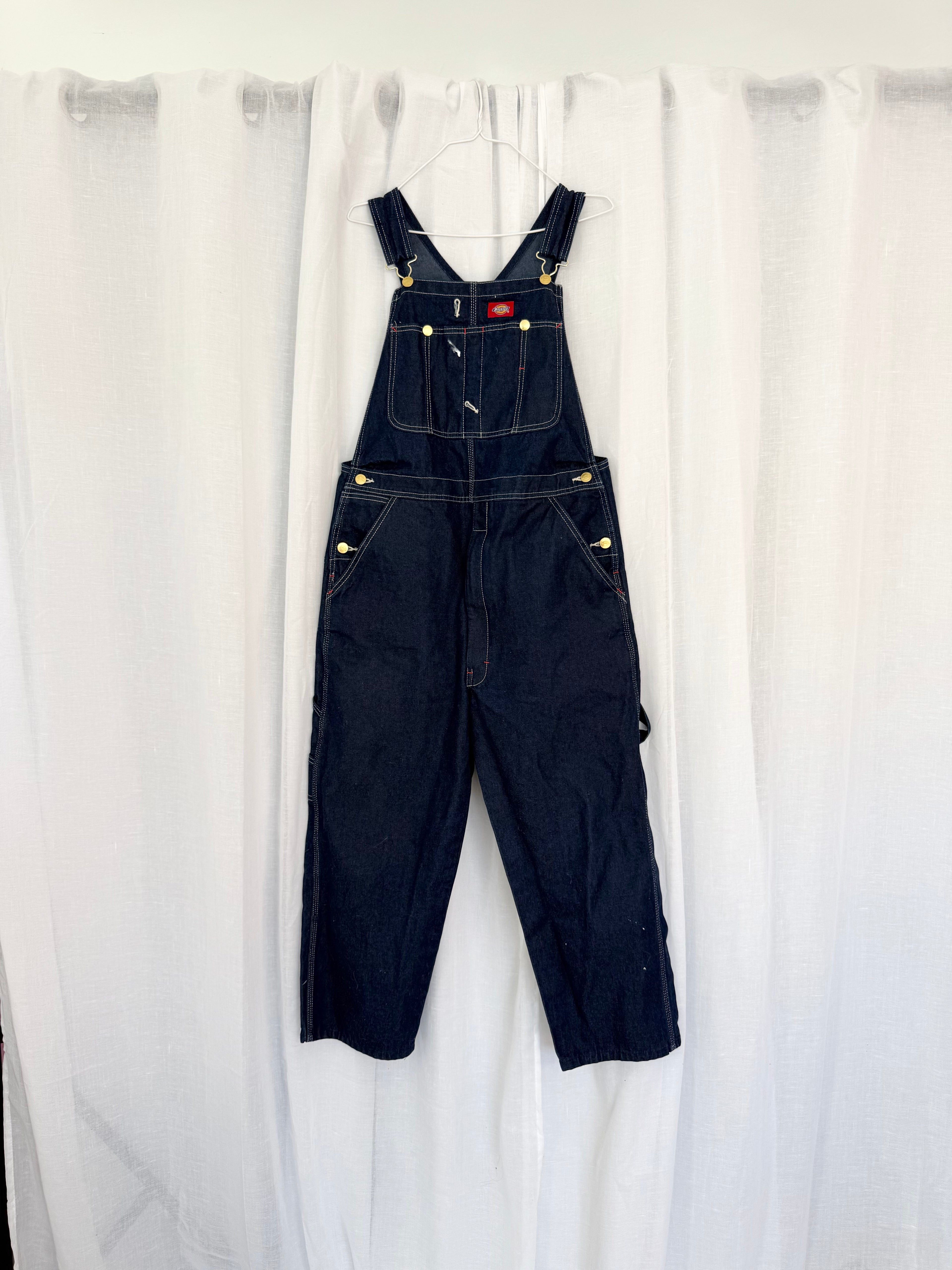 dickies dark wash capri overalls
