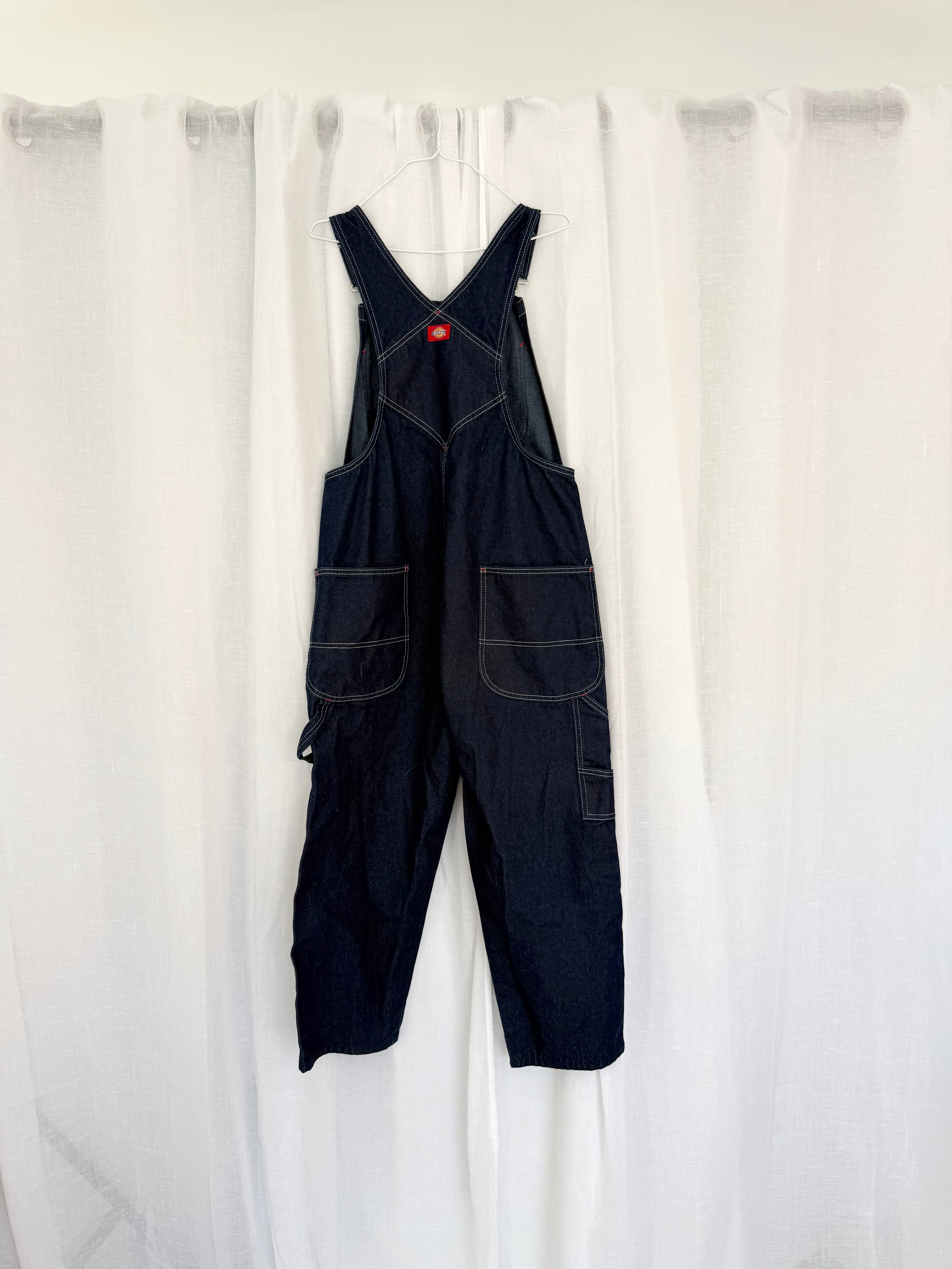 dickies dark wash capri overalls