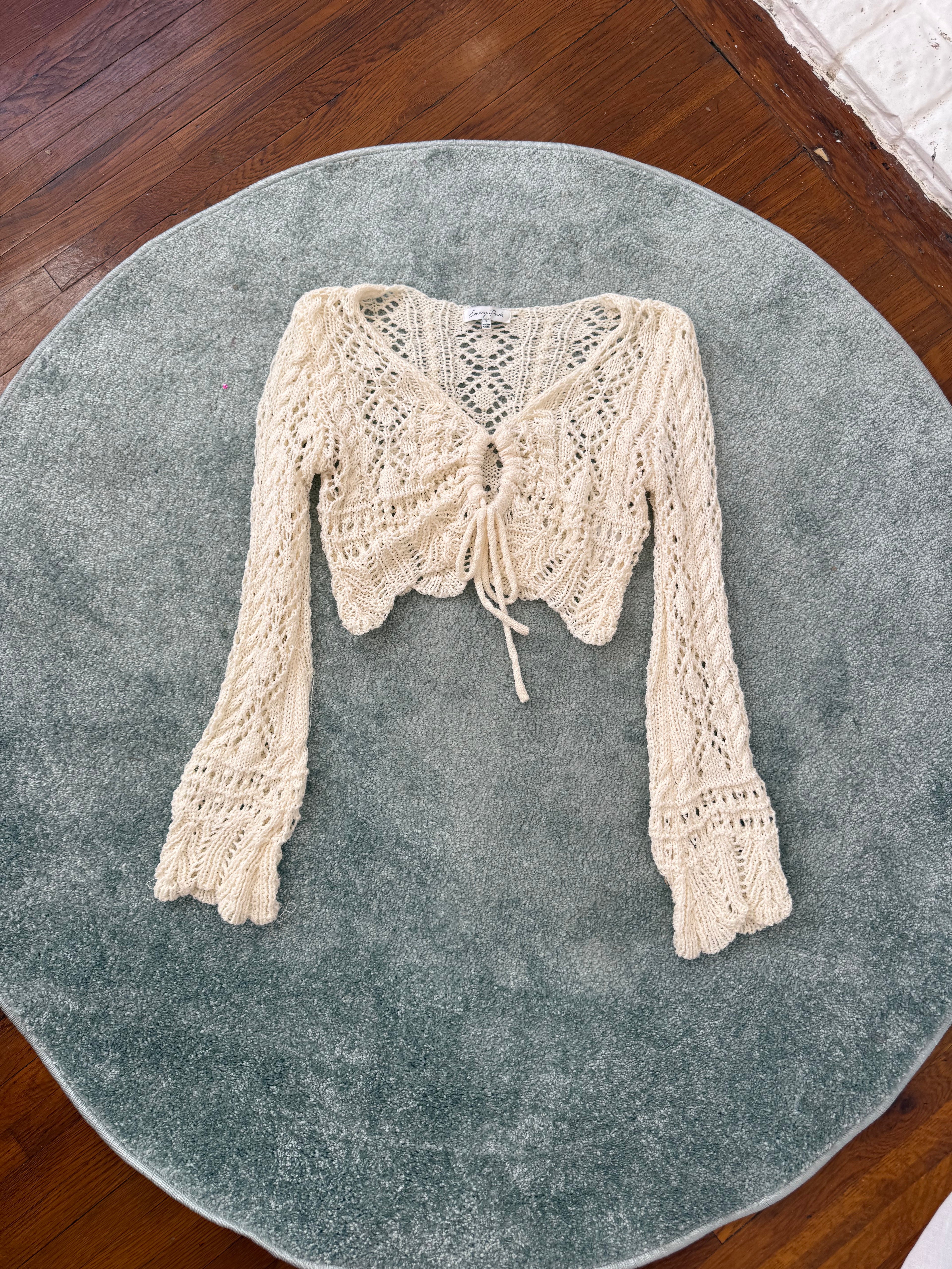 cream crochet tie-front crop cardigan
